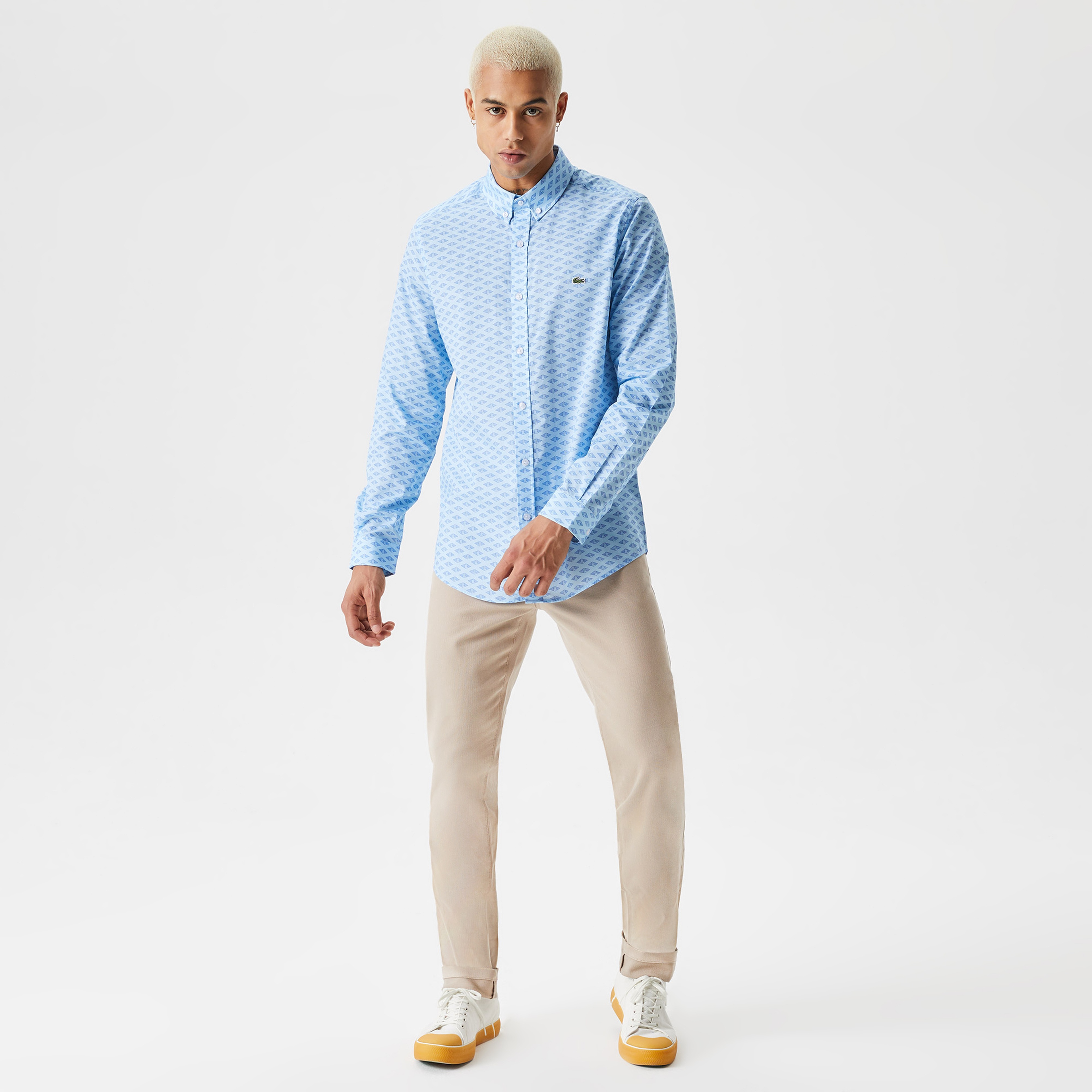 Erkek Slim Fit Düğmeli Yaka Monogram Mavi Gömlek