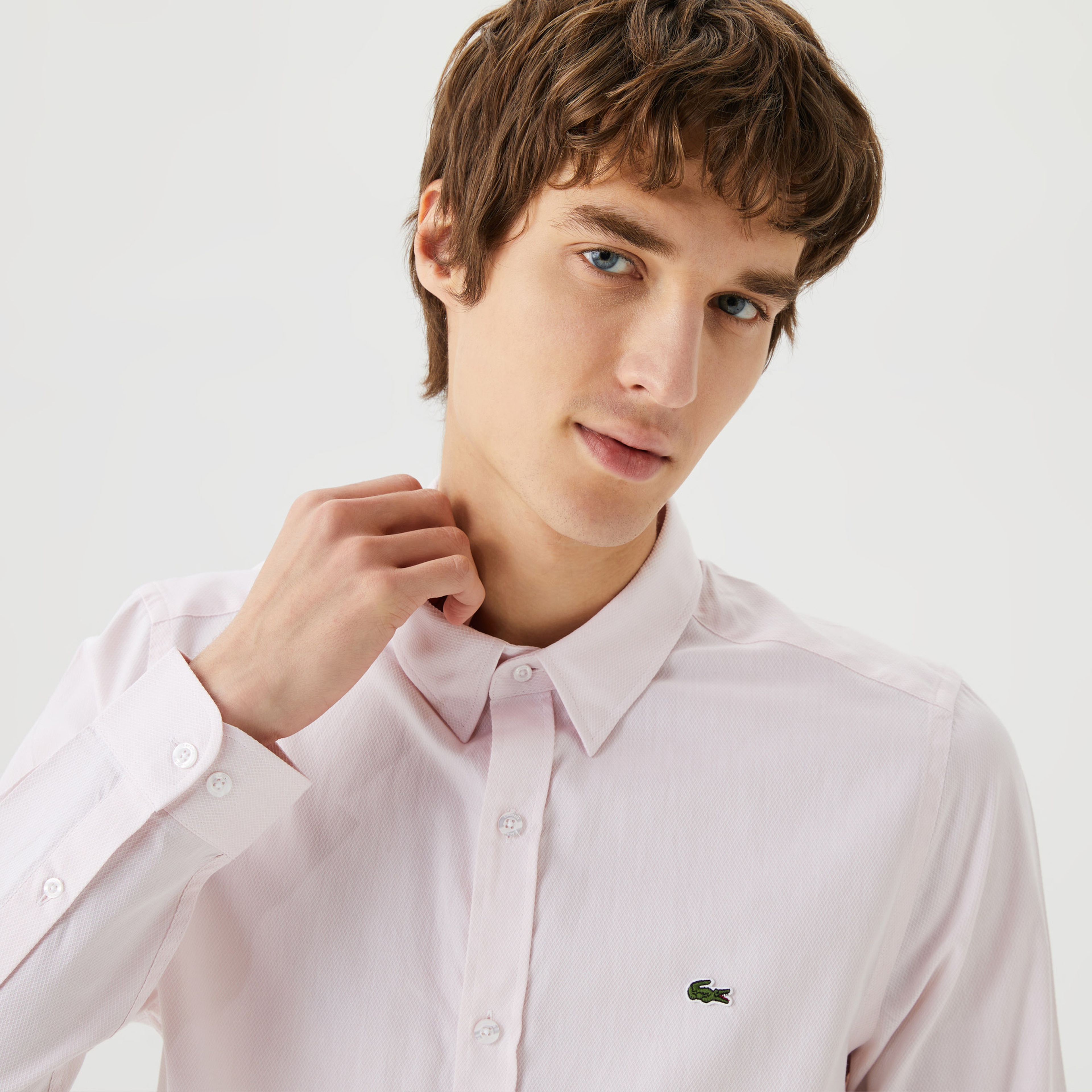 Erkek Slim Fit Düğmeli Yaka Pembe Gömlek