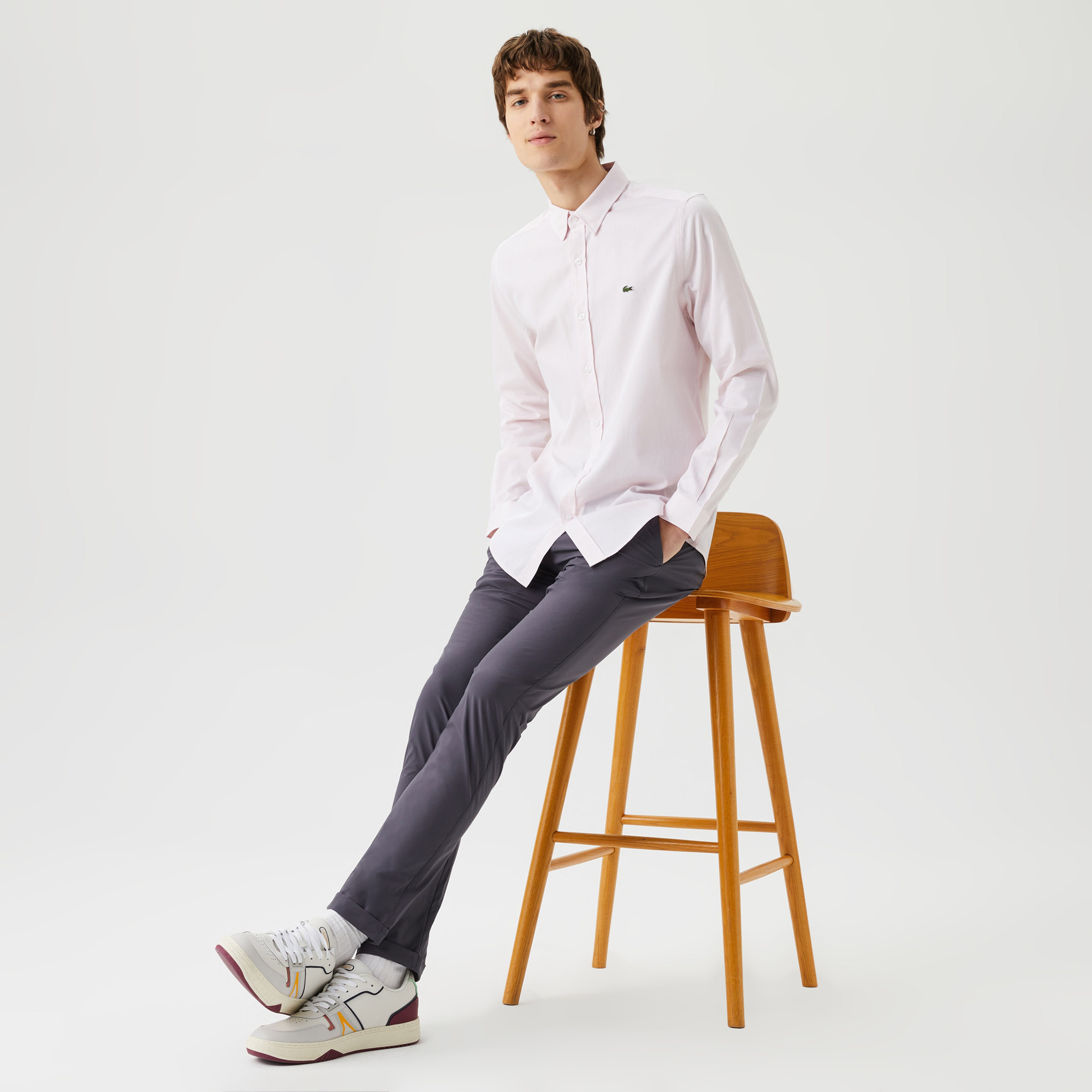 Erkek Slim Fit Düğmeli Yaka Pembe Gömlek