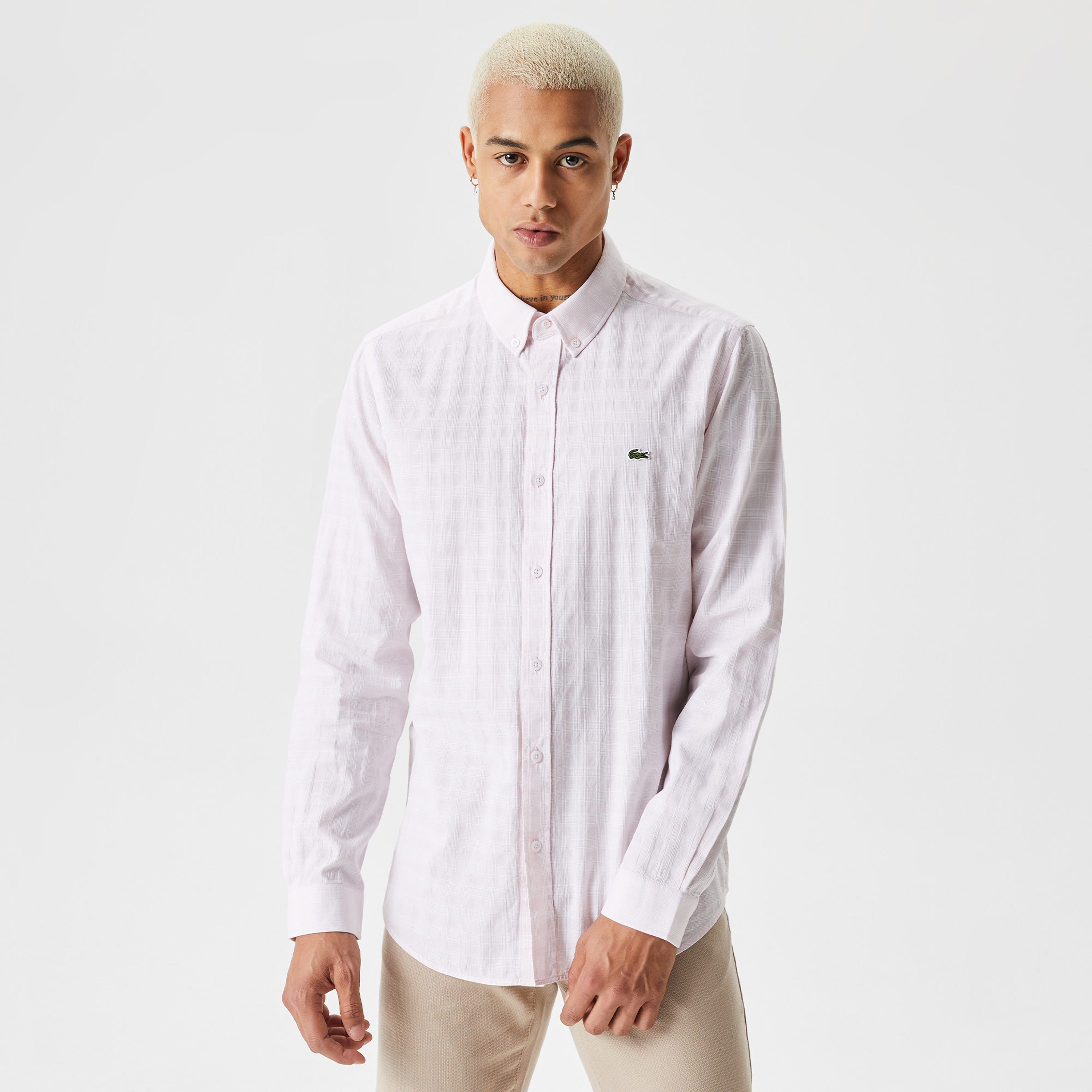 Erkek Slim Fit Düğmeli Yaka Pembe Gömlek