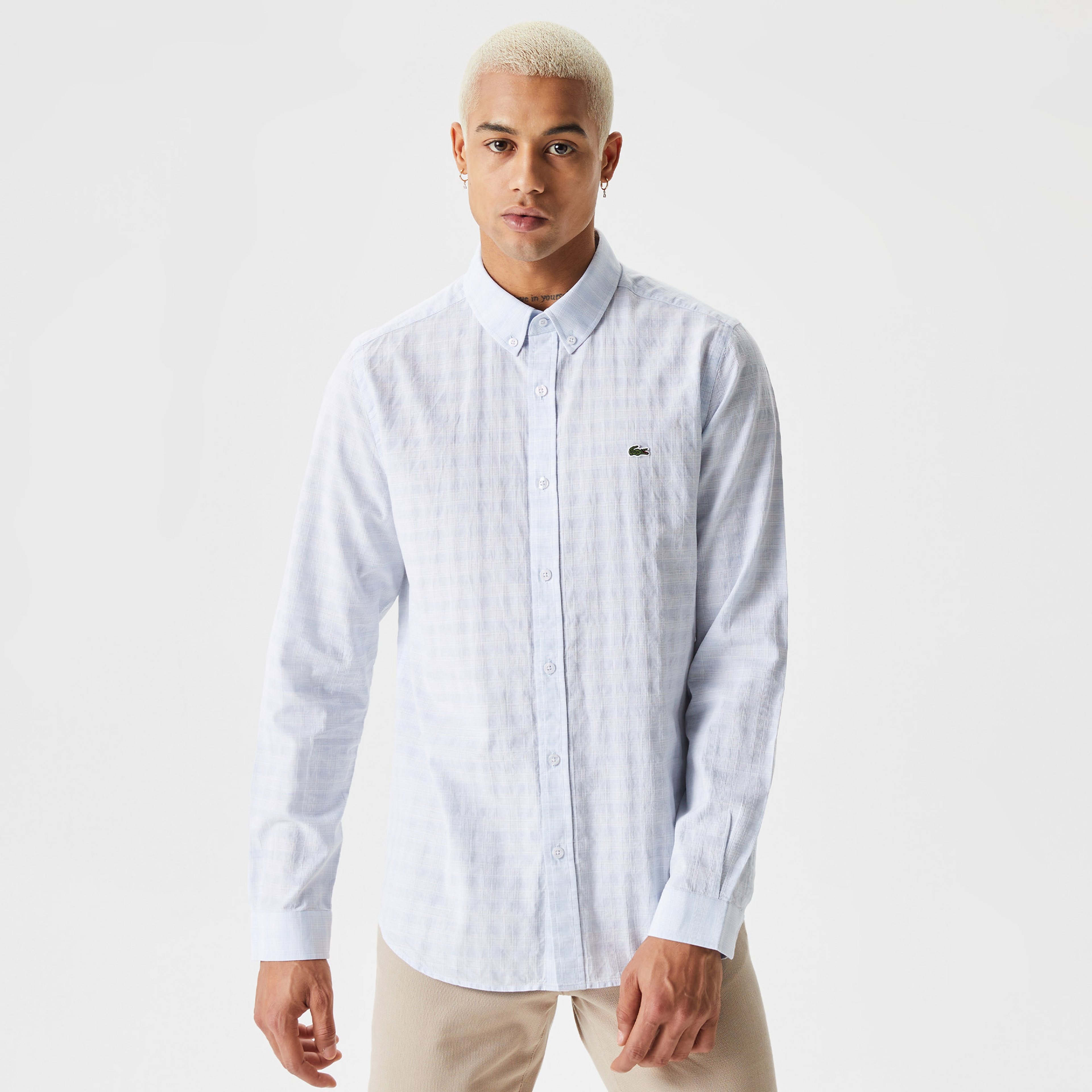 Erkek Slim Fit Düğmeli Yaka Mavi Gömlek