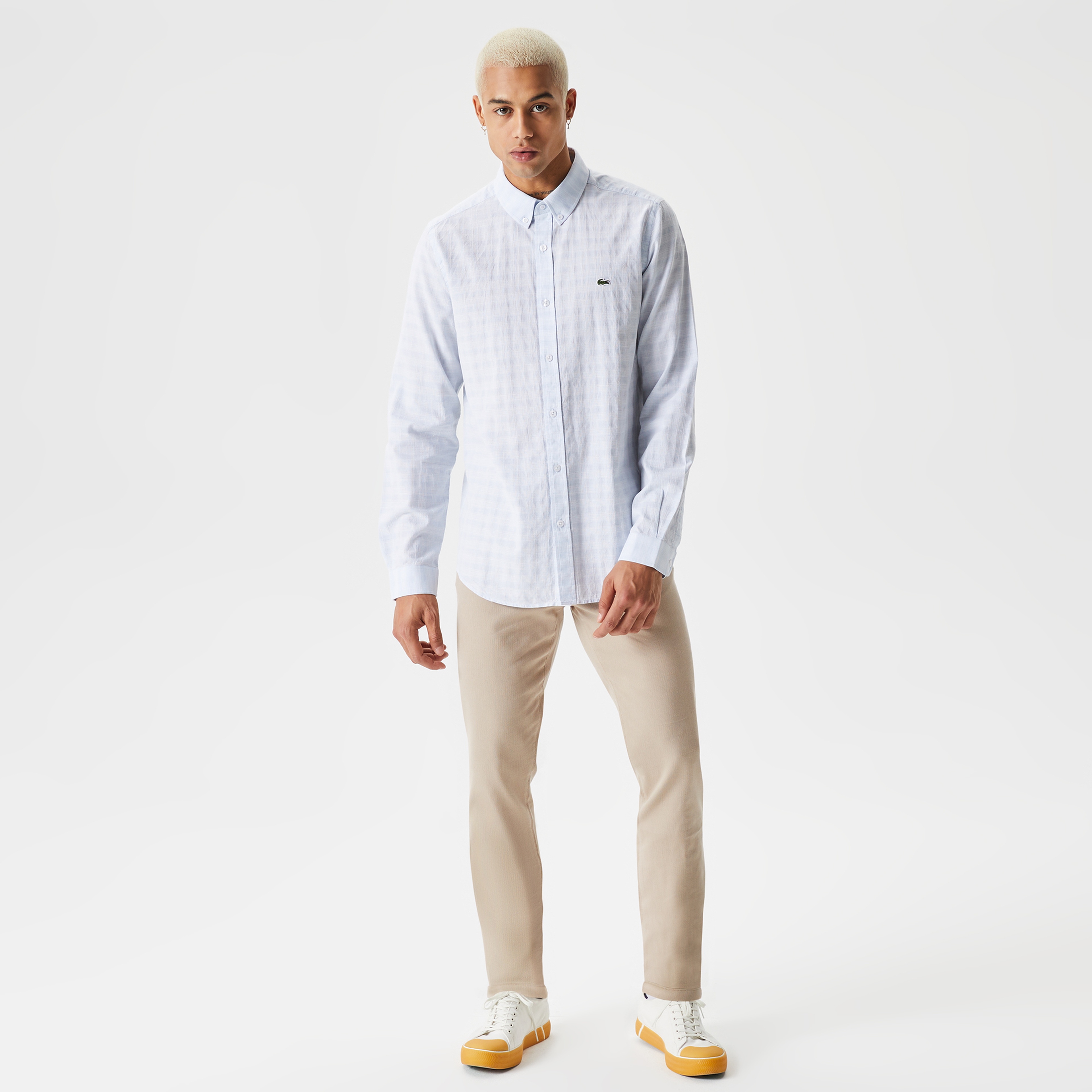 Erkek Slim Fit Düğmeli Yaka Mavi Gömlek