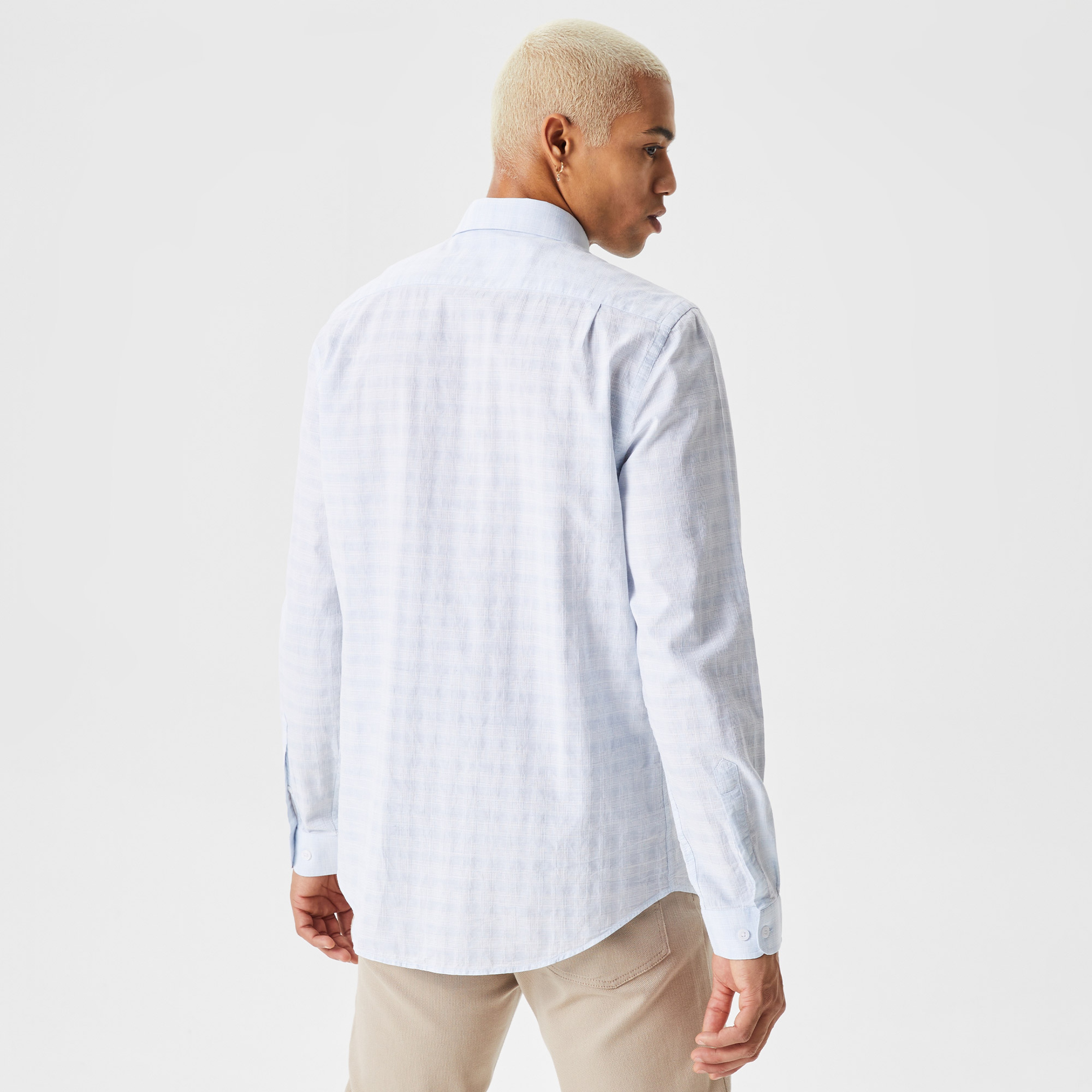 Erkek Slim Fit Düğmeli Yaka Mavi Gömlek