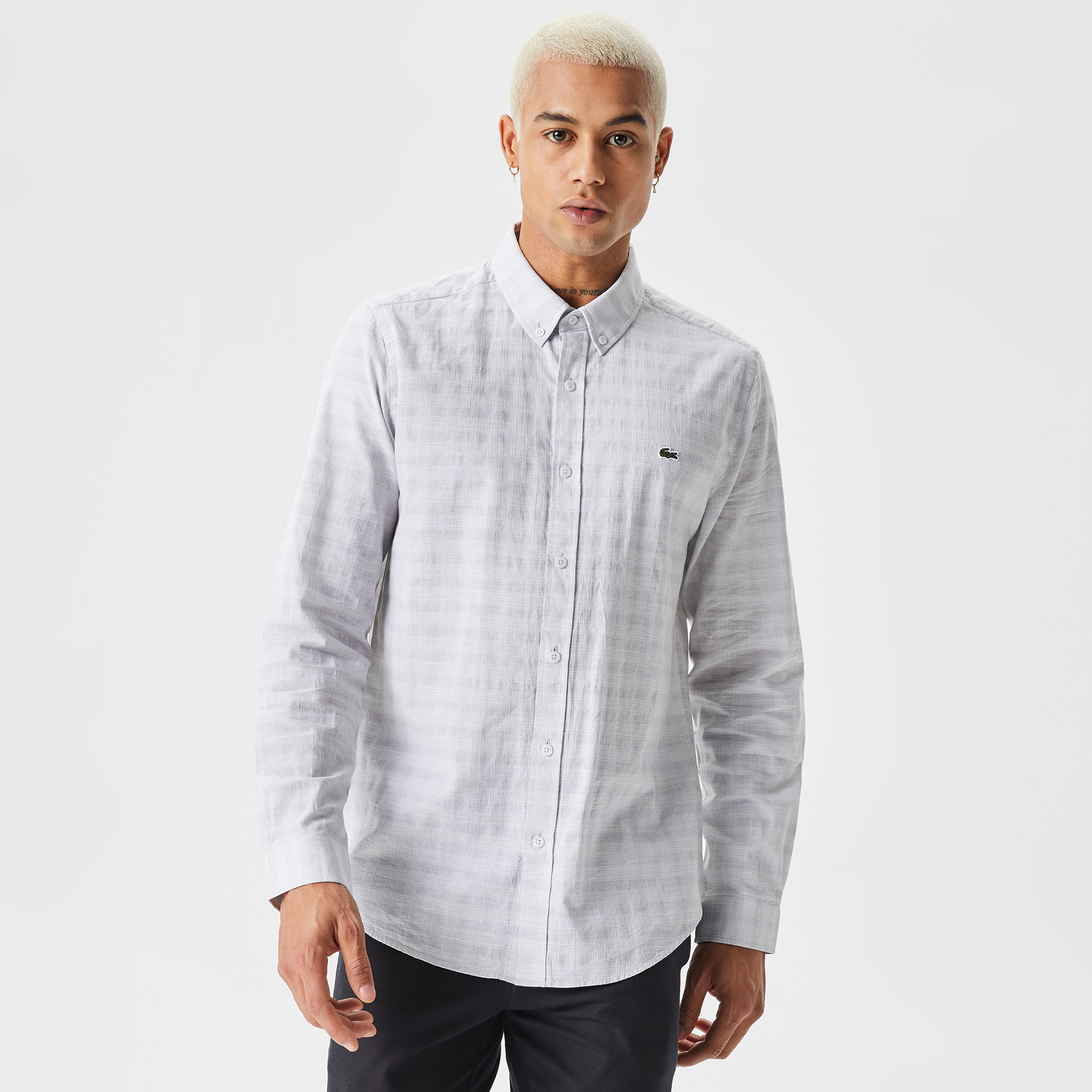 Erkek Slim Fit Düğmeli Yaka Gri Gömlek