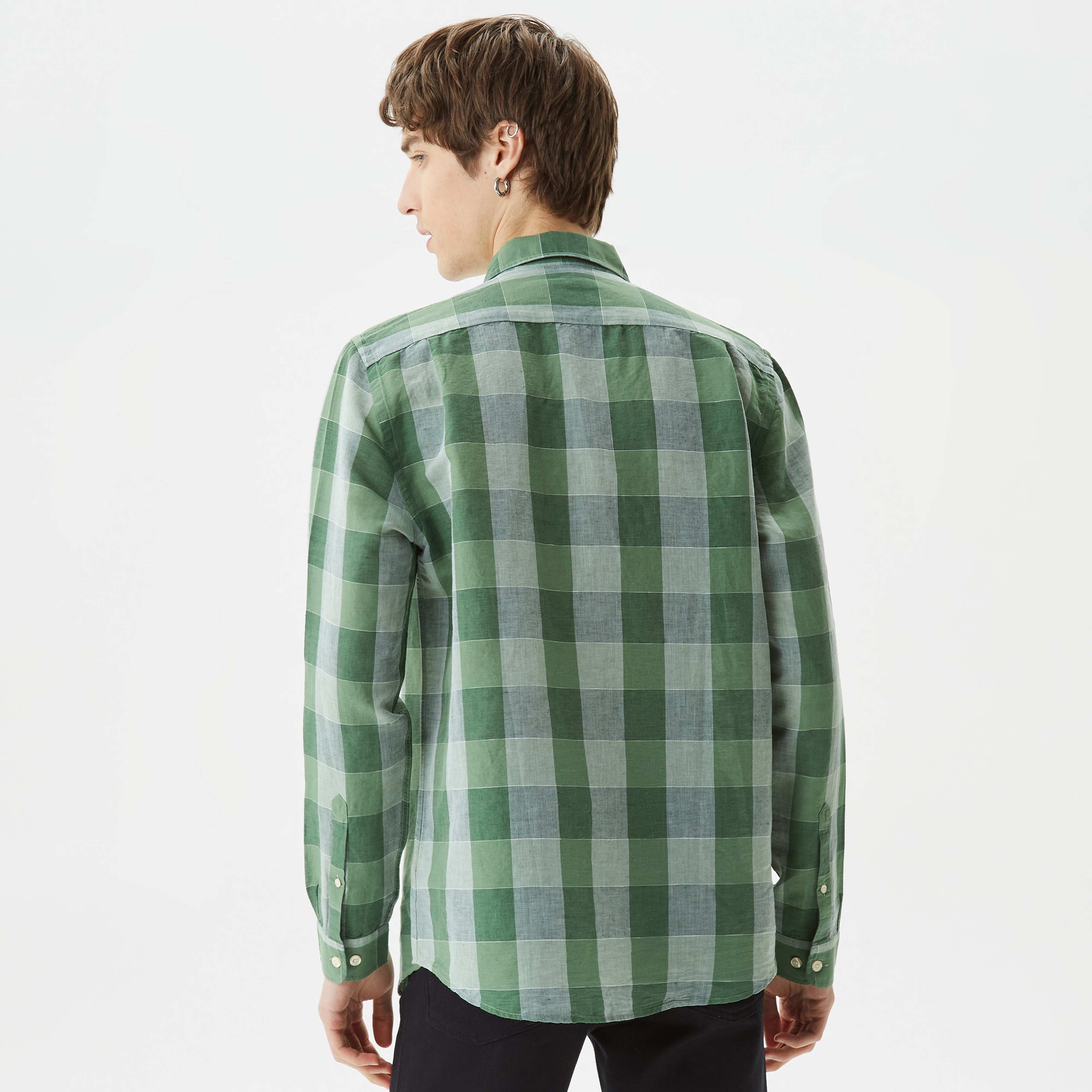 Erkek Slim Fit Ekose Düğmeli Yaka Yeşil Gömlek