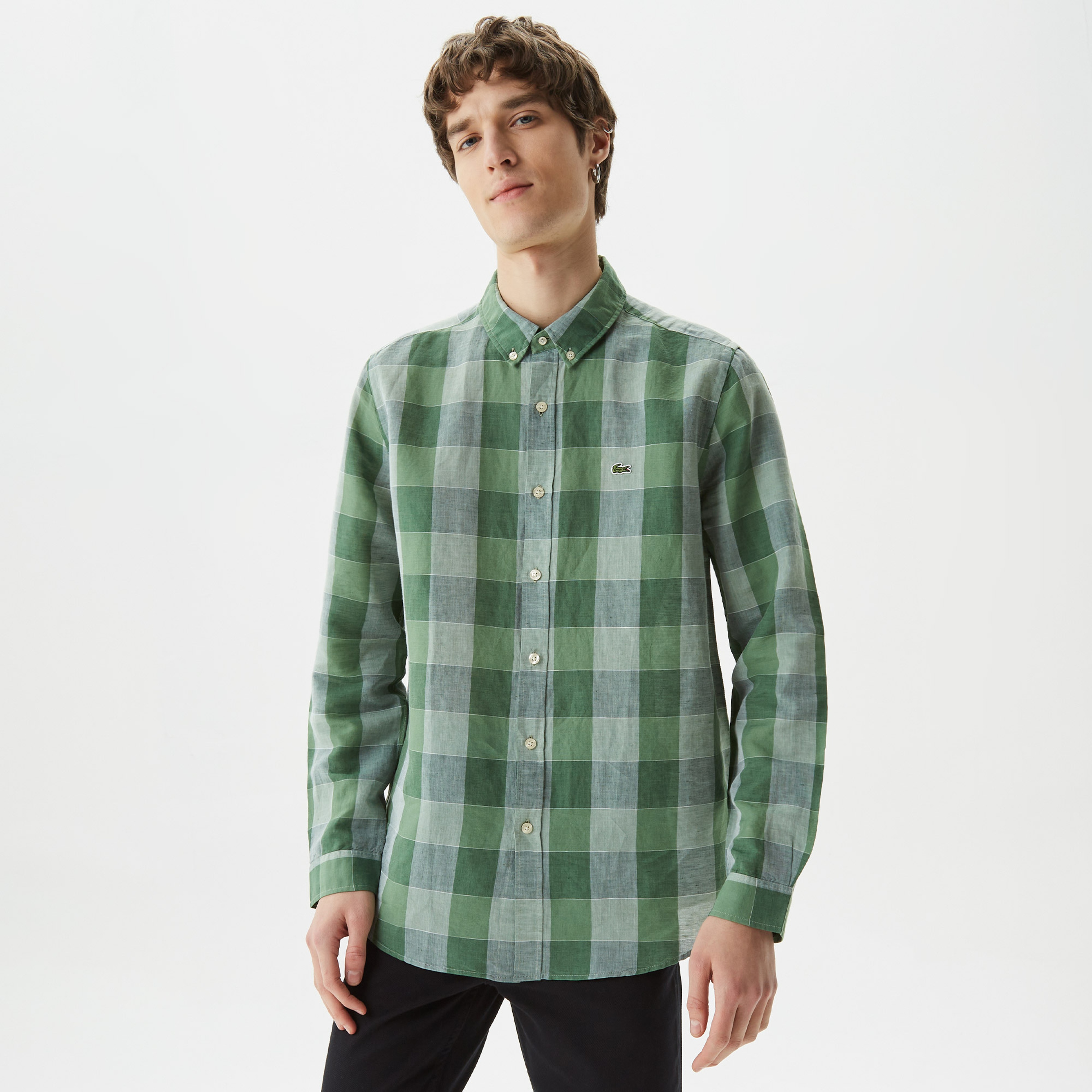 Erkek Slim Fit Ekose Düğmeli Yaka Yeşil Gömlek