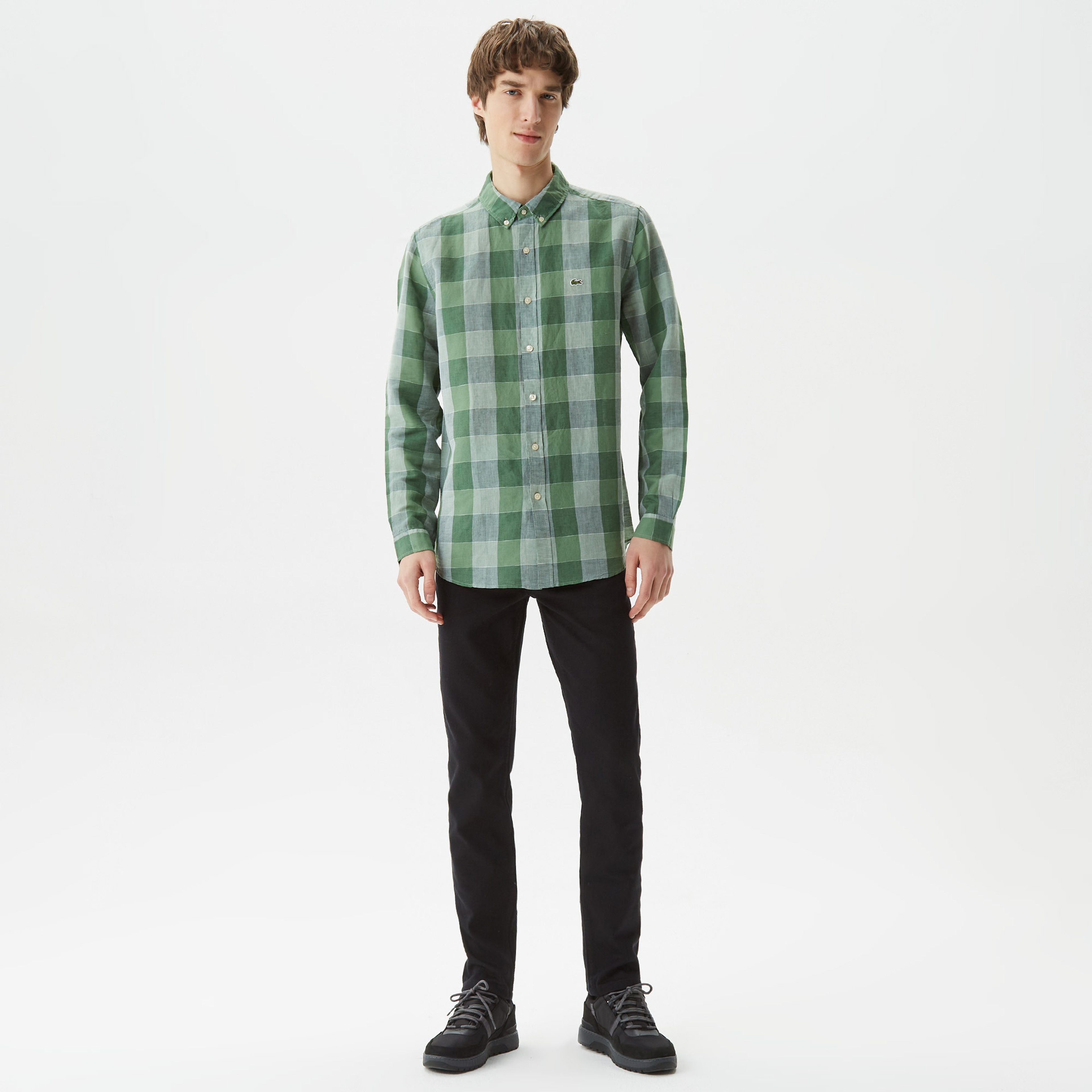 Erkek Slim Fit Ekose Düğmeli Yaka Yeşil Gömlek
