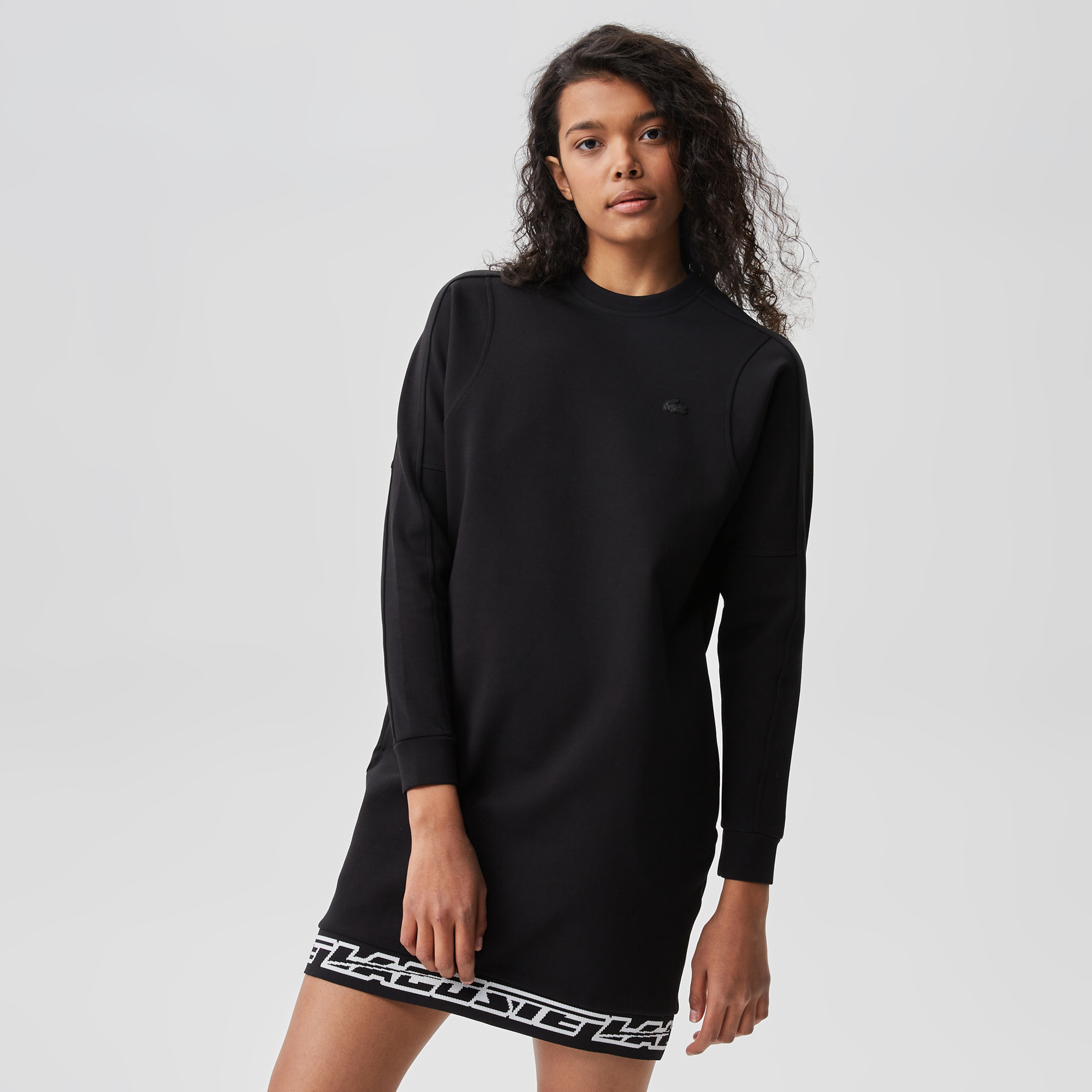 Kadın Loose Fit Uzun Kollu Bisiklet Yaka Baskılı Siyah Elbise