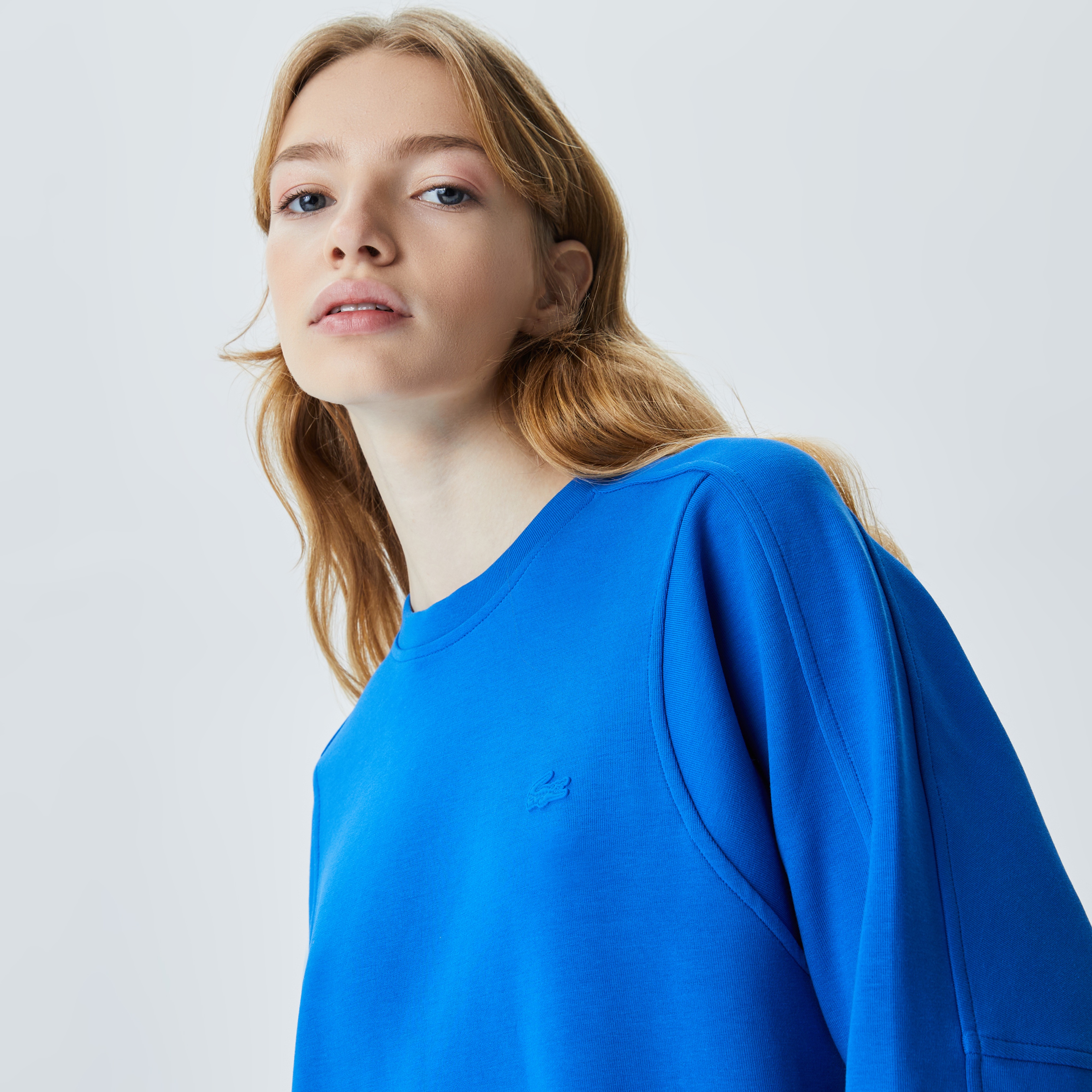 Kadın Loose Fit Uzun Kollu Bisiklet Yaka Baskılı Mavi Elbise