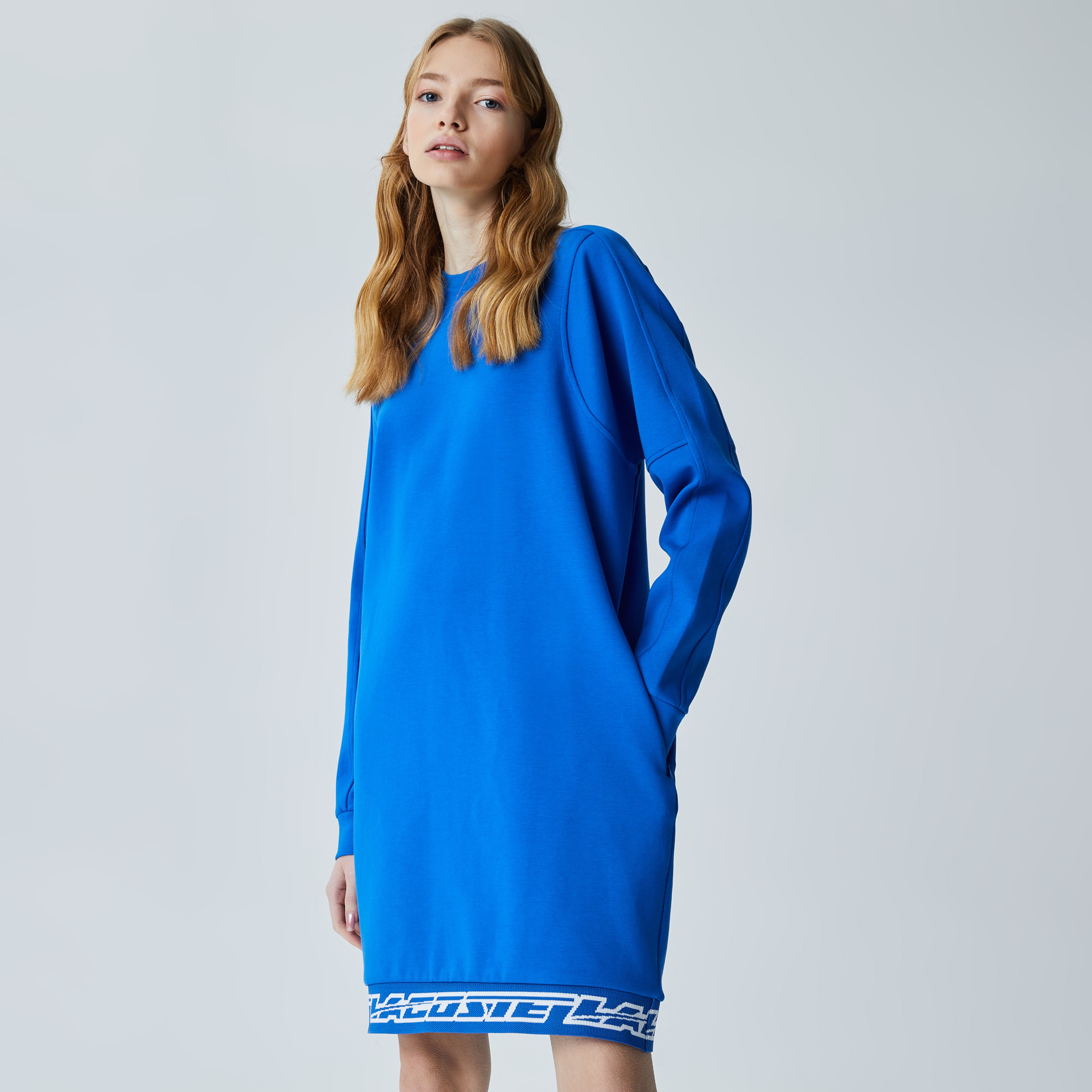 Kadın Loose Fit Uzun Kollu Bisiklet Yaka Baskılı Mavi Elbise