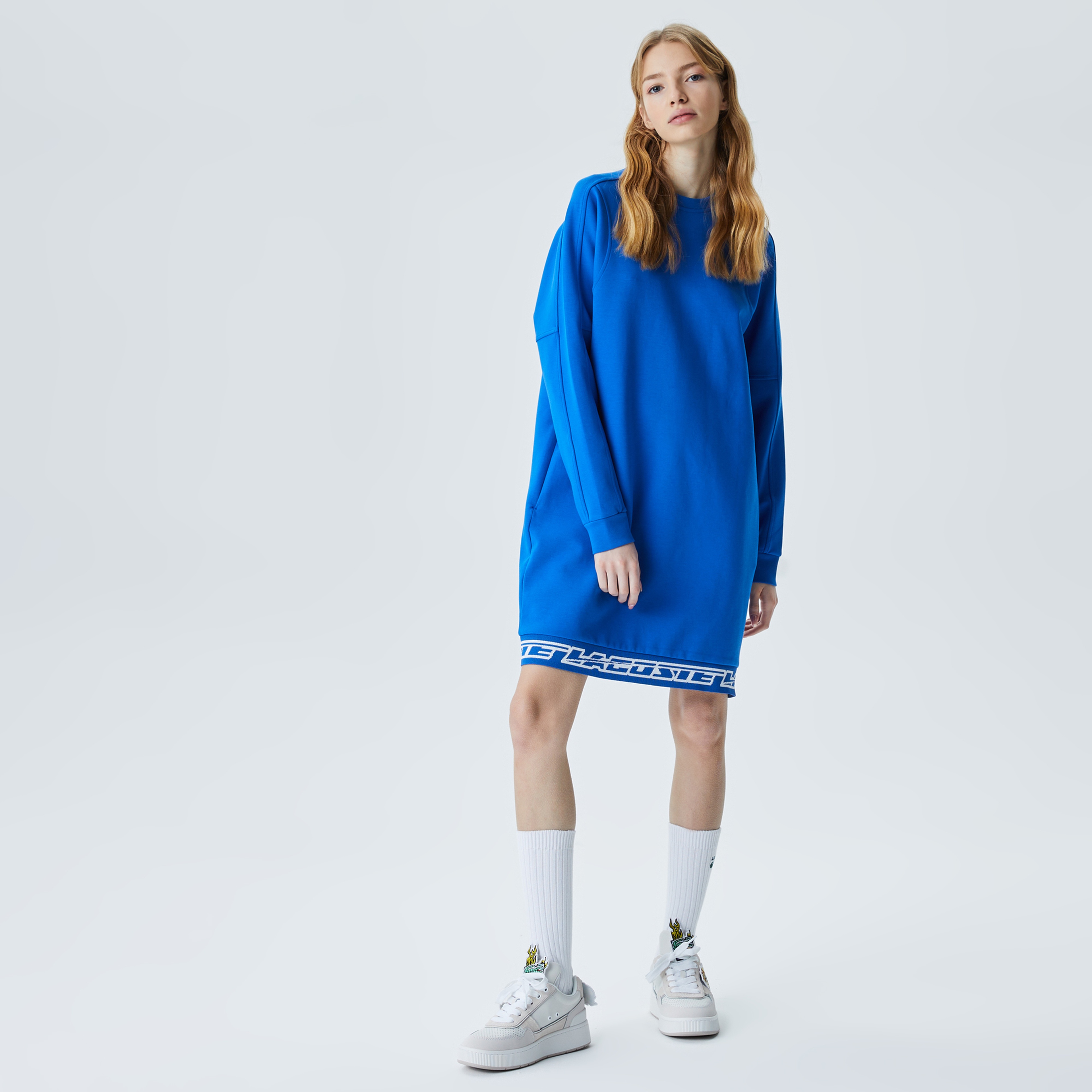 Kadın Loose Fit Uzun Kollu Bisiklet Yaka Baskılı Mavi Elbise