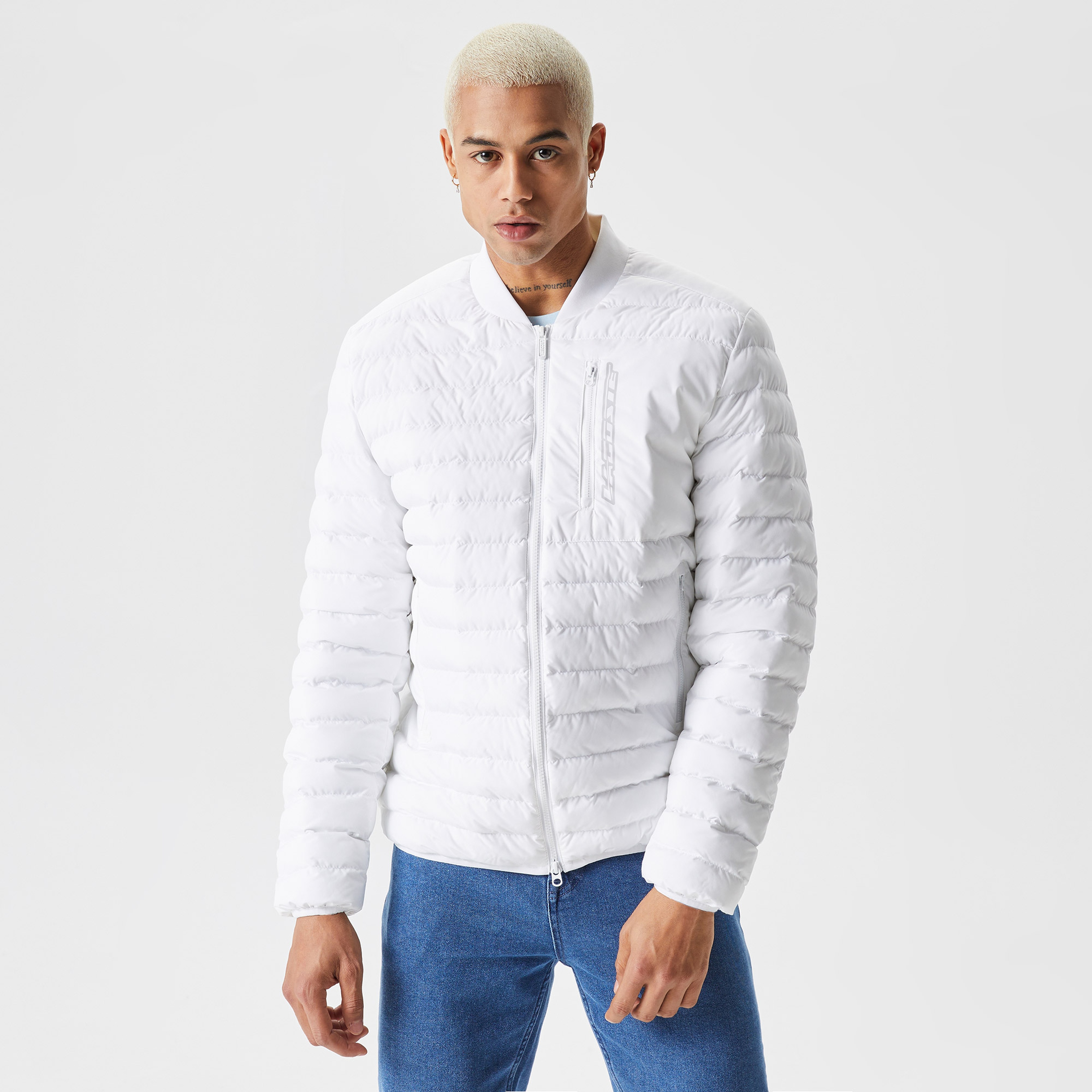 Erkek Hakim Yaka Kapitone Beyaz Mont