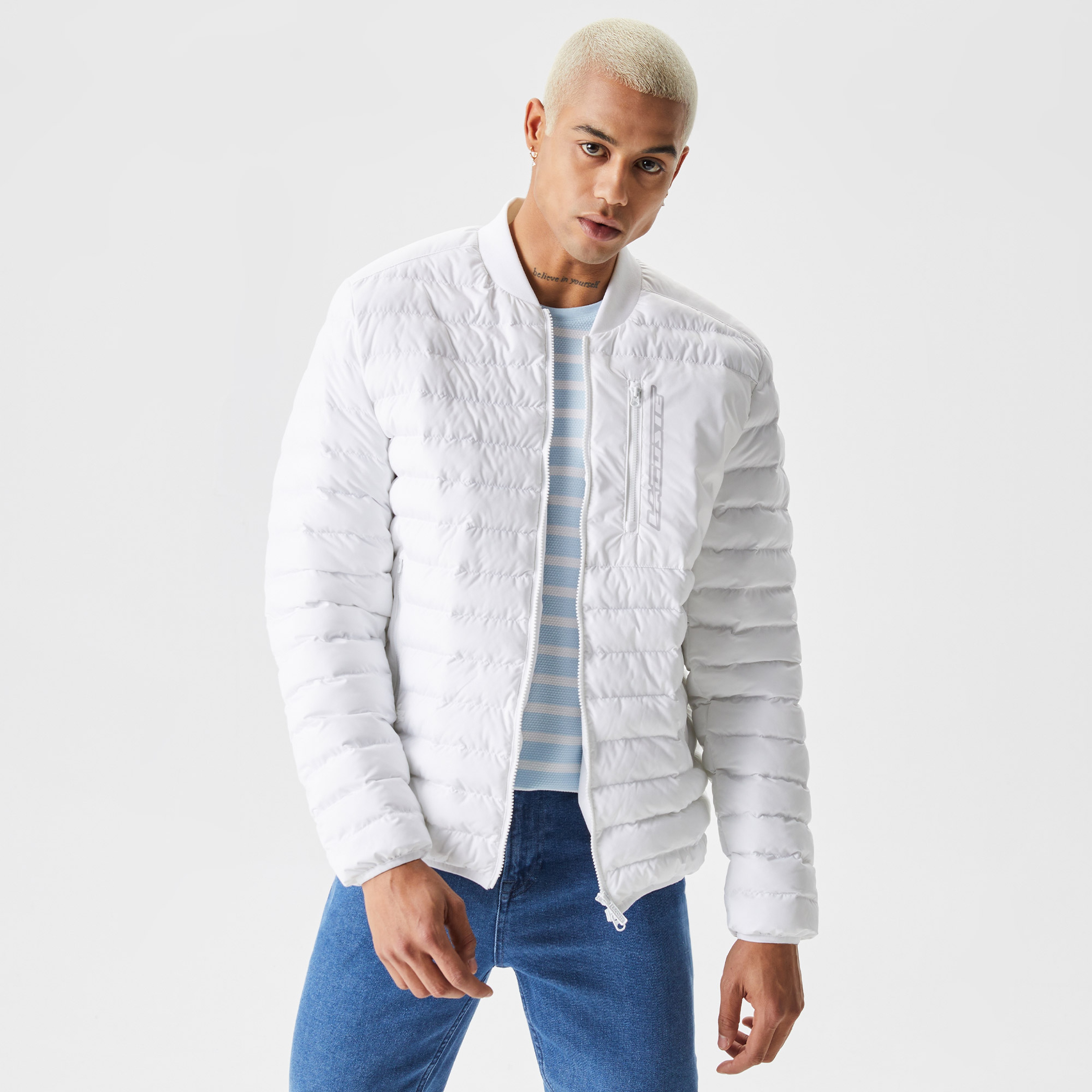 Erkek Hakim Yaka Kapitone Beyaz Mont