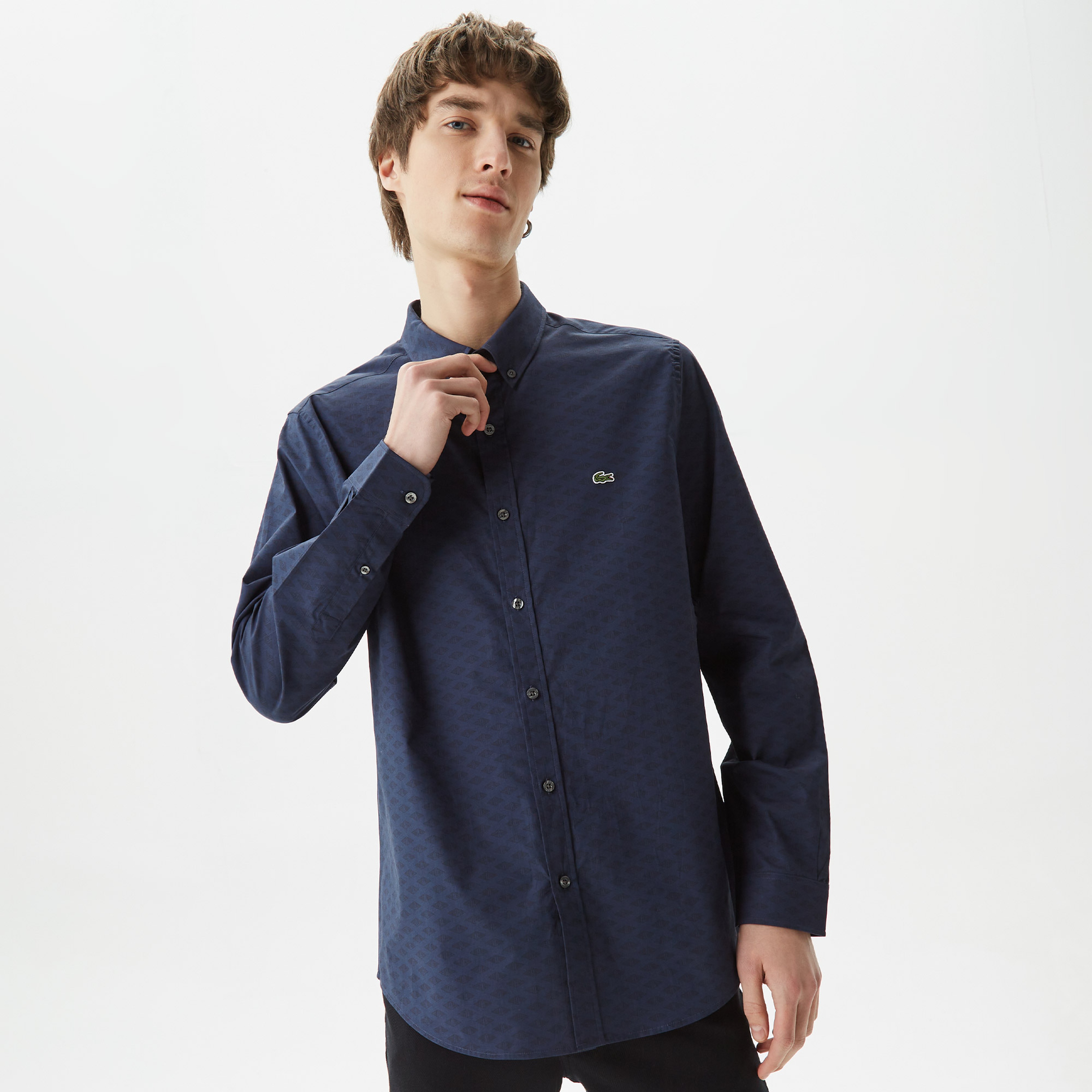 Erkek Slim Fit Düğmeli Yaka Monogram Lacivert Gömlek