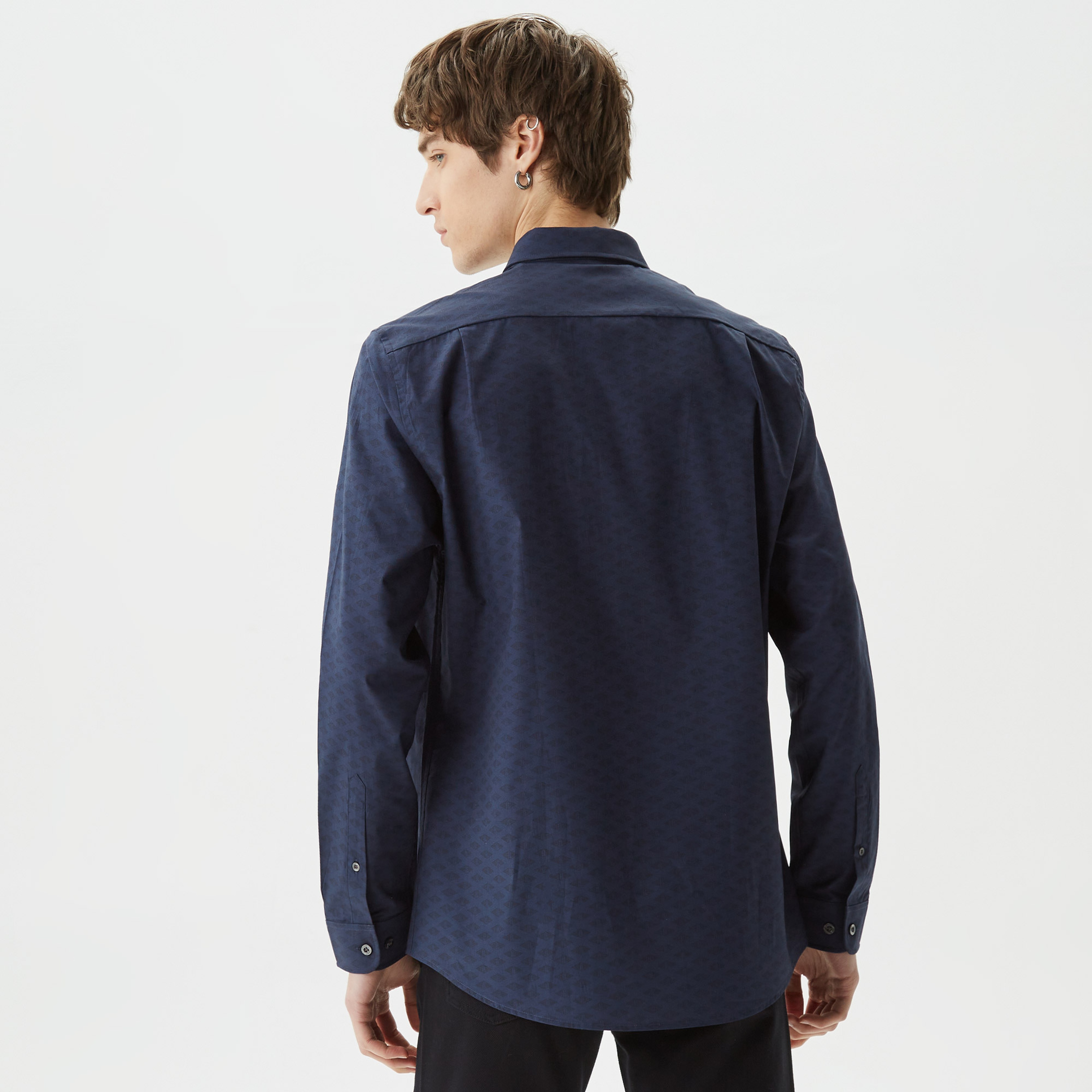 Erkek Slim Fit Düğmeli Yaka Monogram Lacivert Gömlek