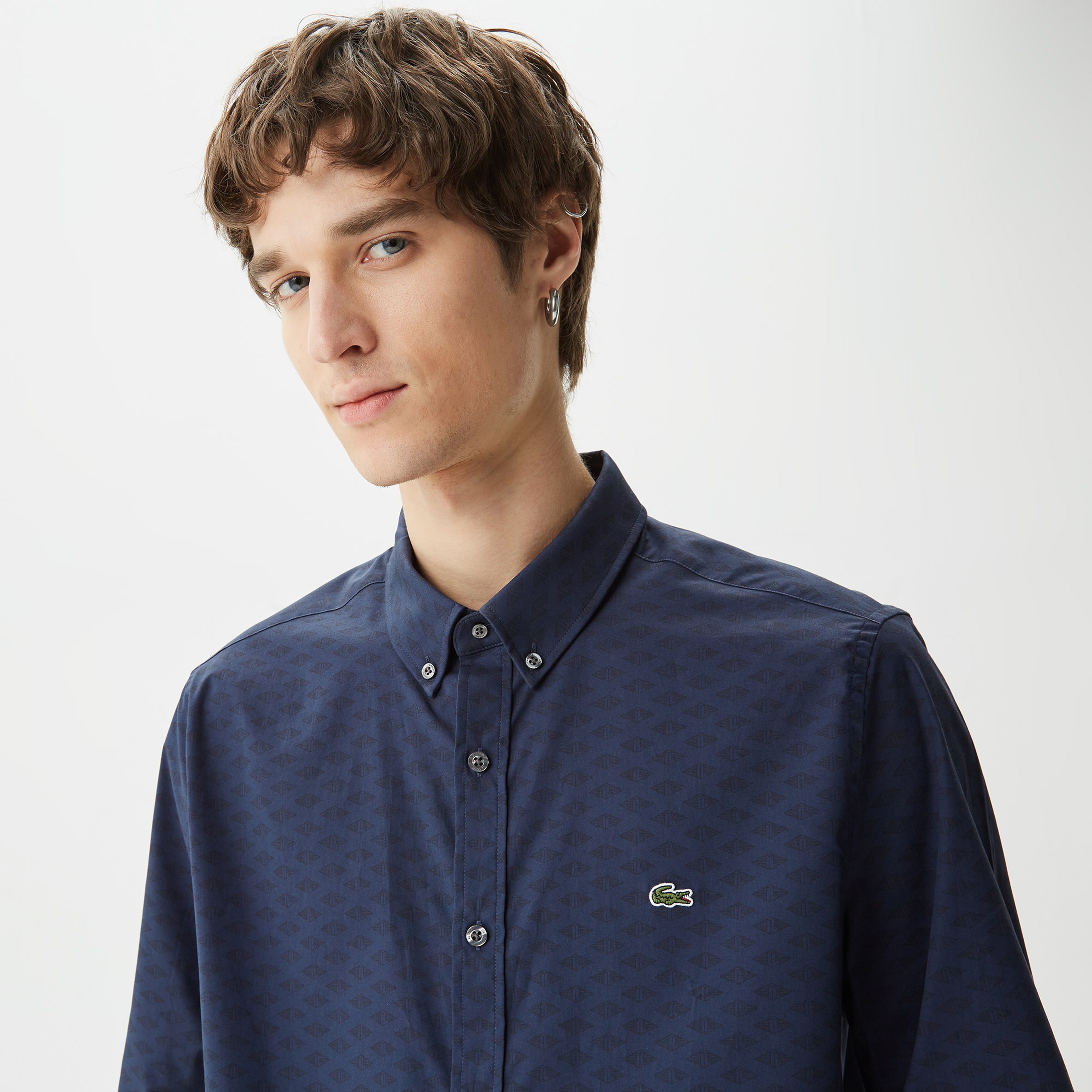 Erkek Slim Fit Düğmeli Yaka Monogram Lacivert Gömlek