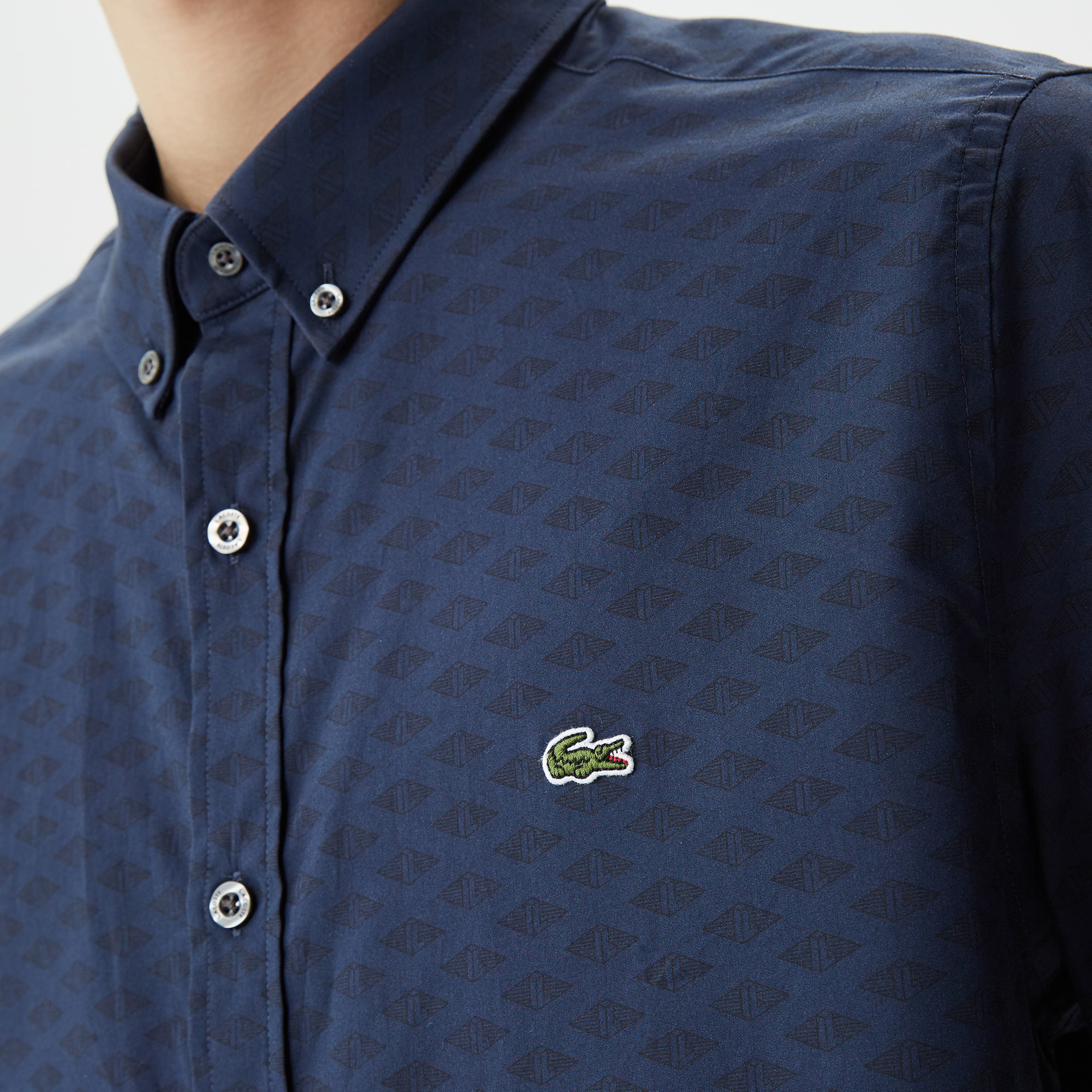 Erkek Slim Fit Düğmeli Yaka Monogram Lacivert Gömlek