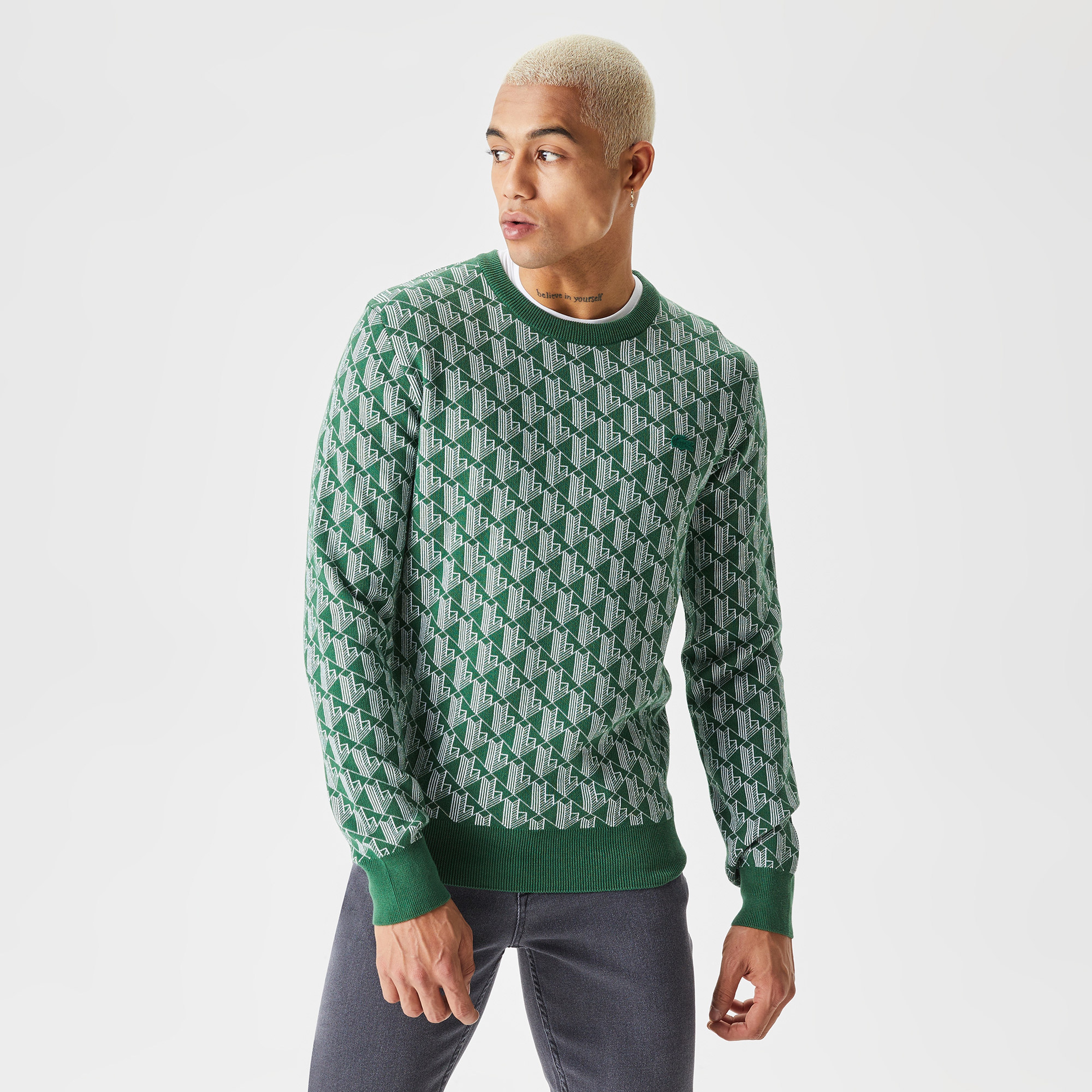 Erkek Bisiklet Yaka Monogram Yeşil Kazak