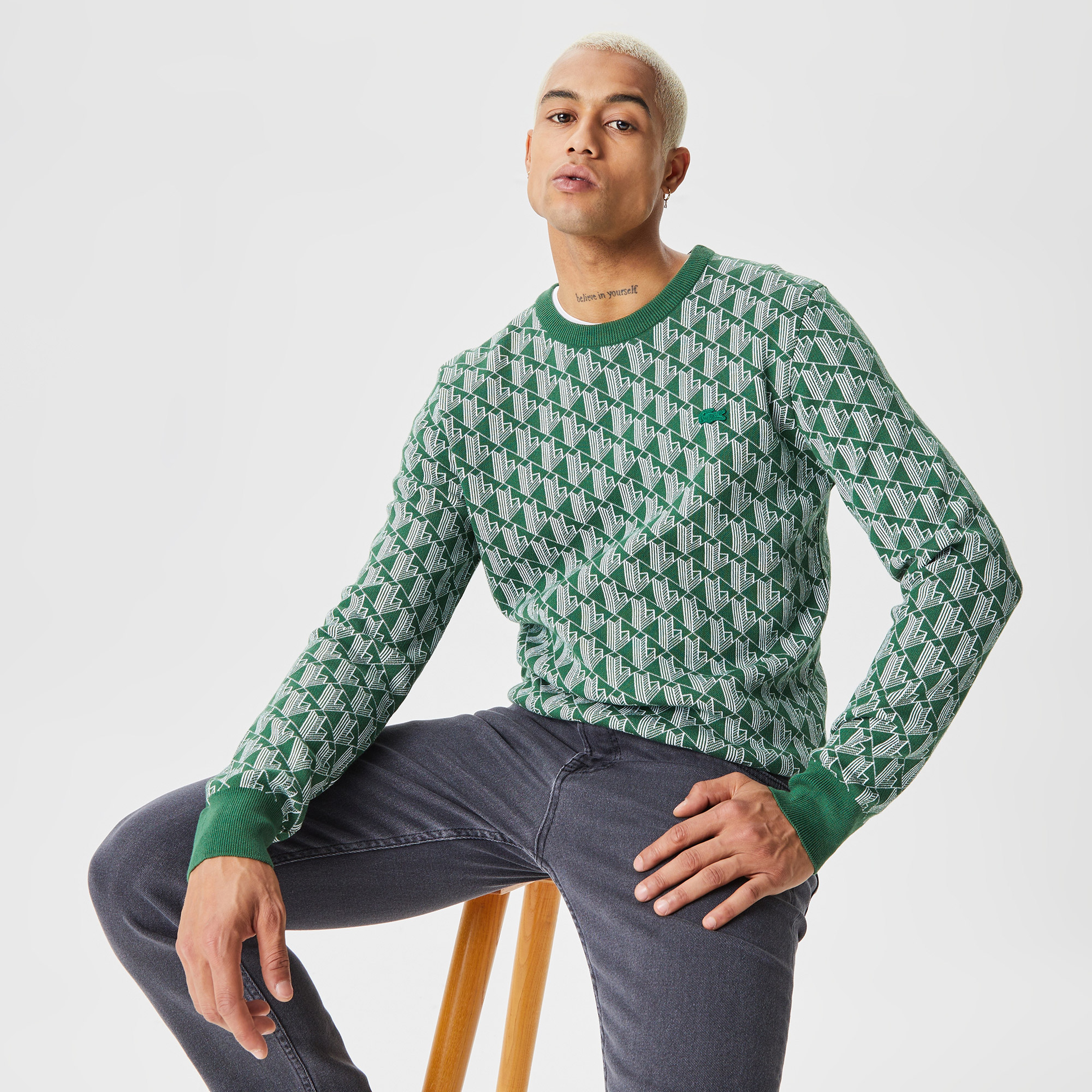 Erkek Bisiklet Yaka Monogram Yeşil Kazak