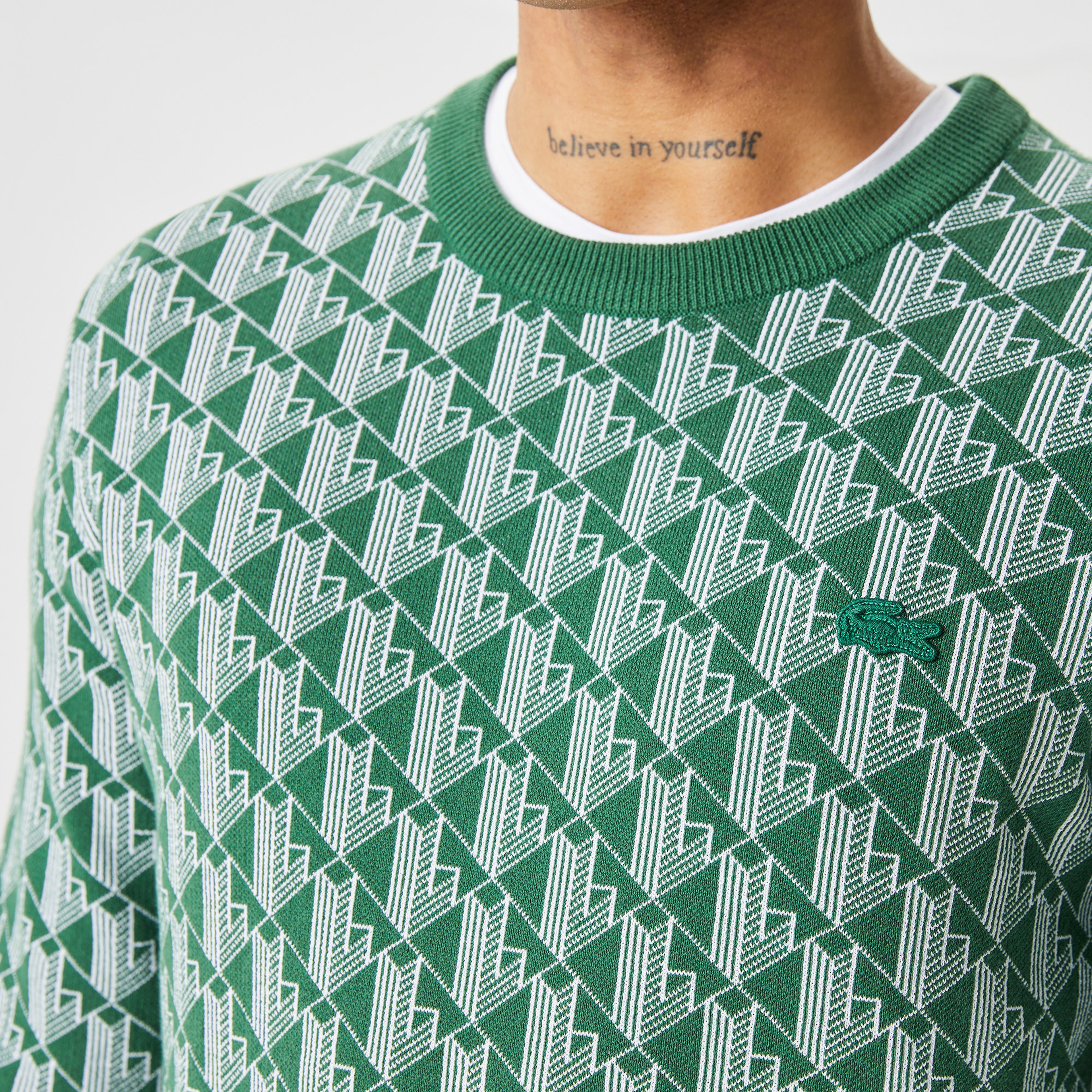 Erkek Bisiklet Yaka Monogram Yeşil Kazak