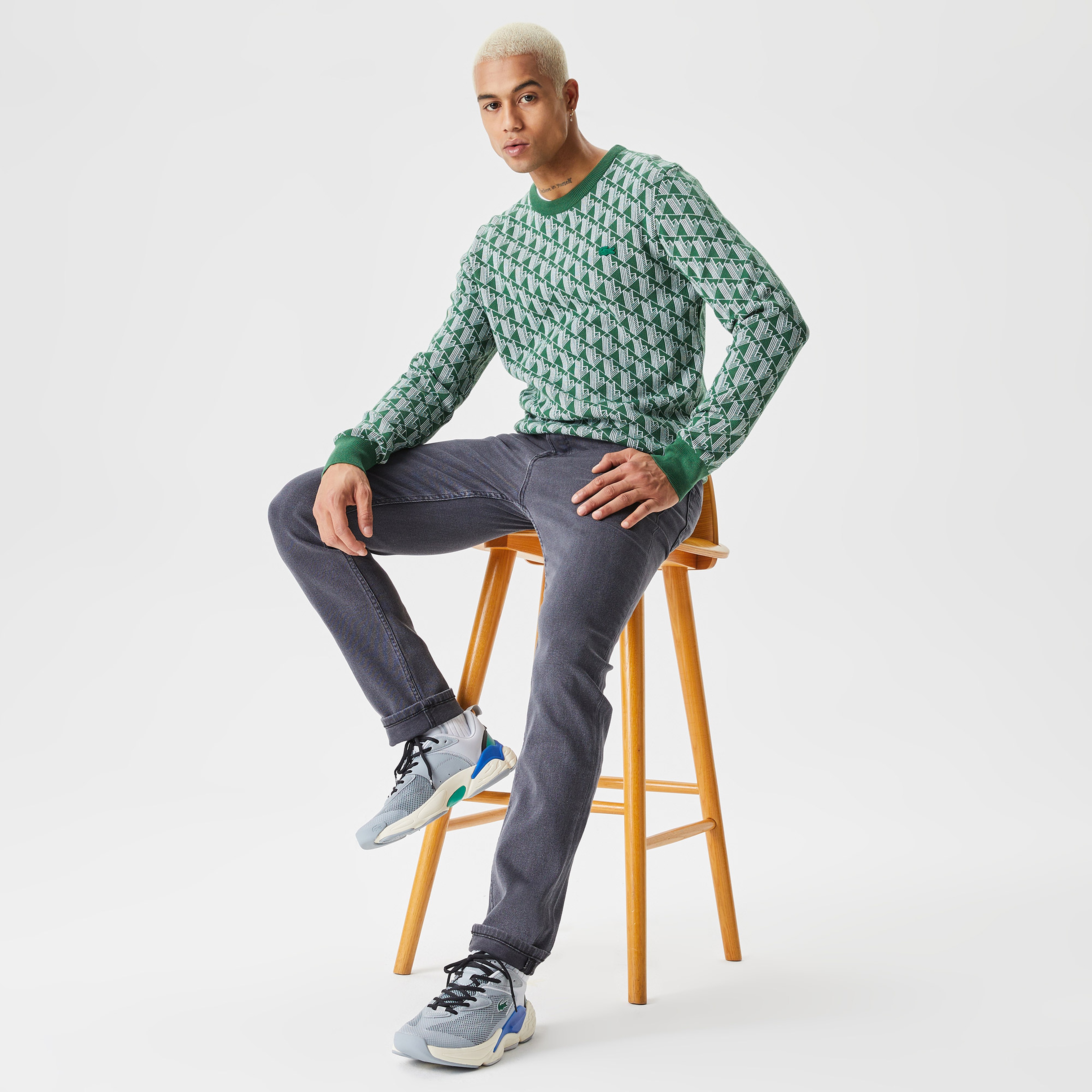 Erkek Bisiklet Yaka Monogram Yeşil Kazak