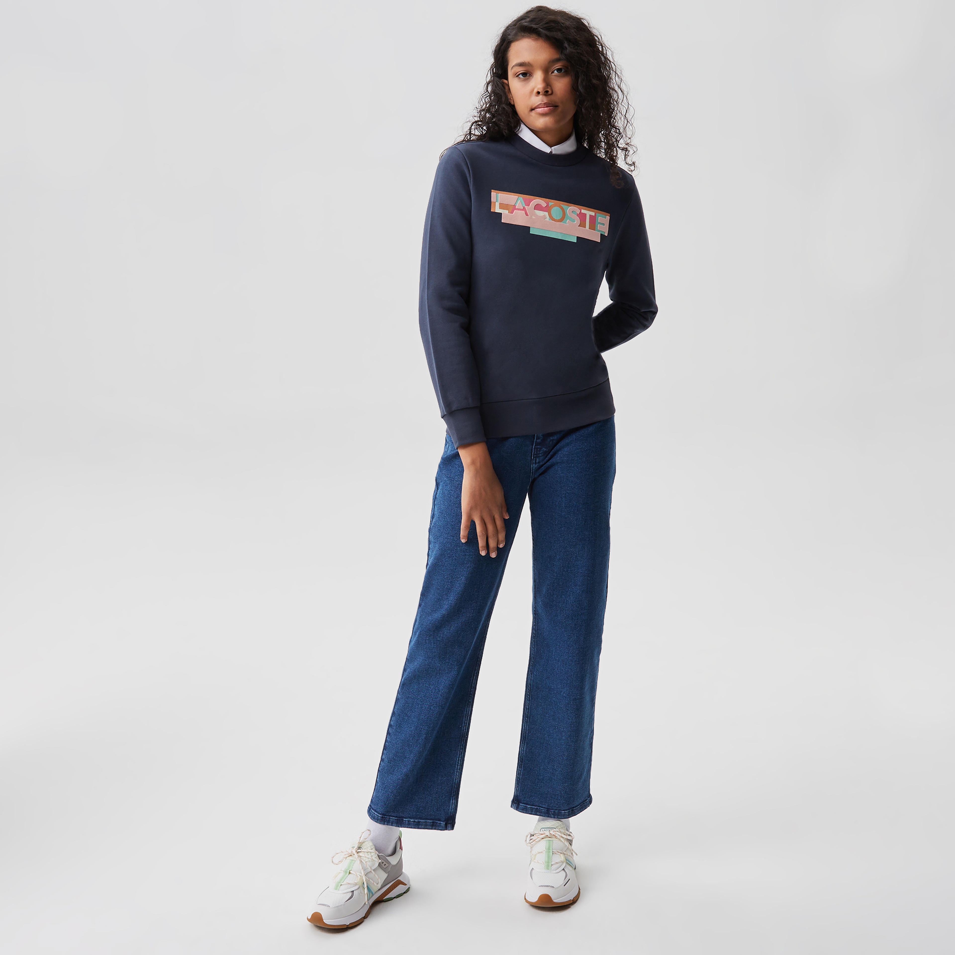 Kadın Relaxed Fit Bisiklet Yaka Baskılı Lacivert Sweatshirt