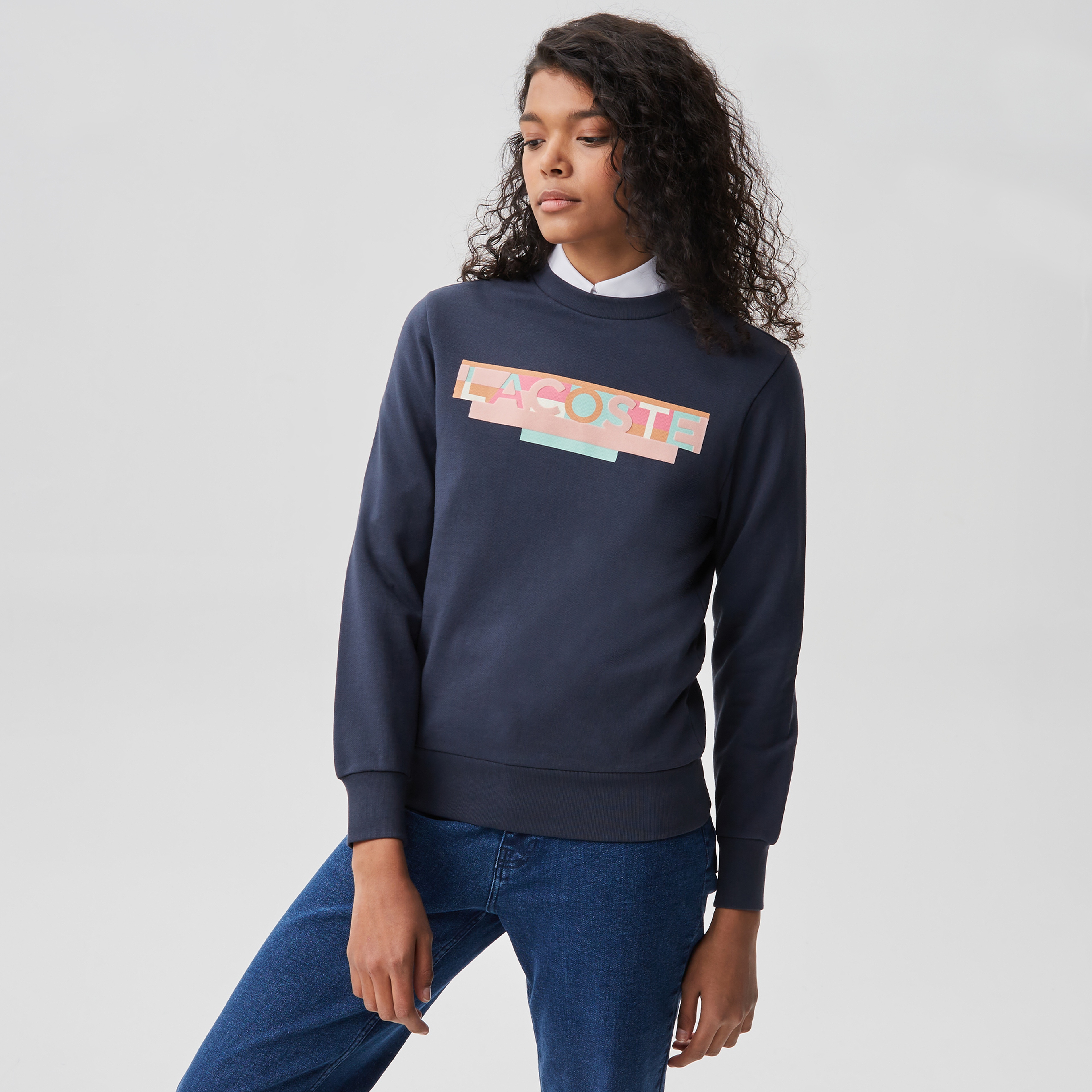 Kadın Relaxed Fit Bisiklet Yaka Baskılı Lacivert Sweatshirt
