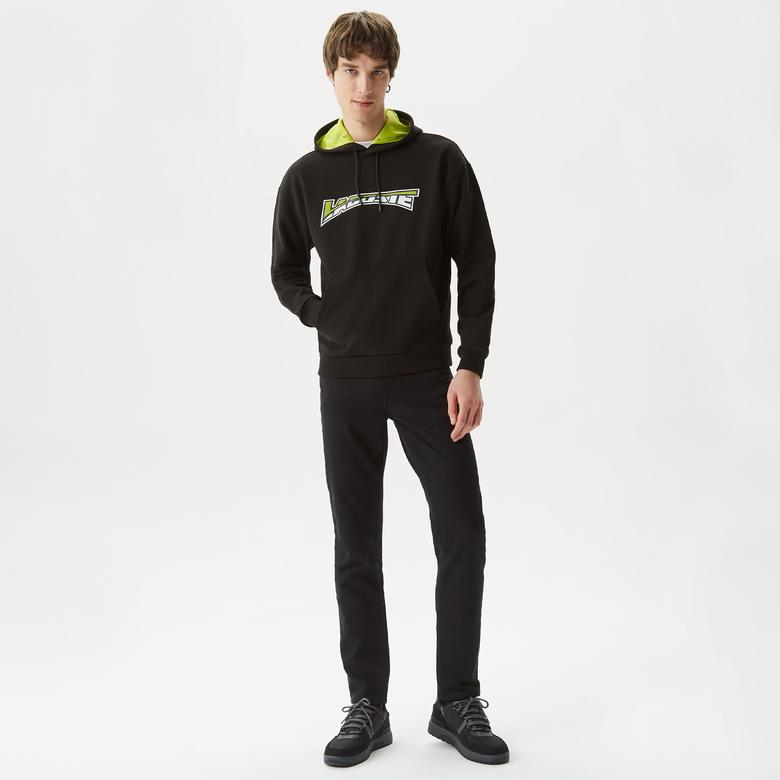 Erkek Relaxed Fit Kapüşonlu Baskılı Siyah Sweatshirt