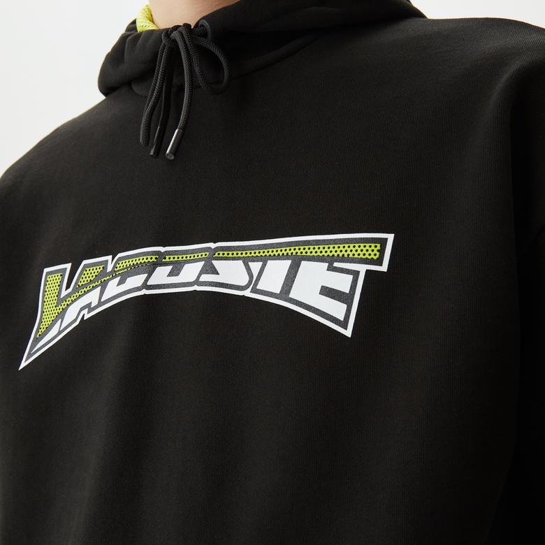 Erkek Relaxed Fit Kapüşonlu Baskılı Siyah Sweatshirt