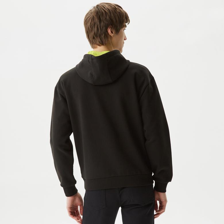 Erkek Relaxed Fit Kapüşonlu Baskılı Siyah Sweatshirt
