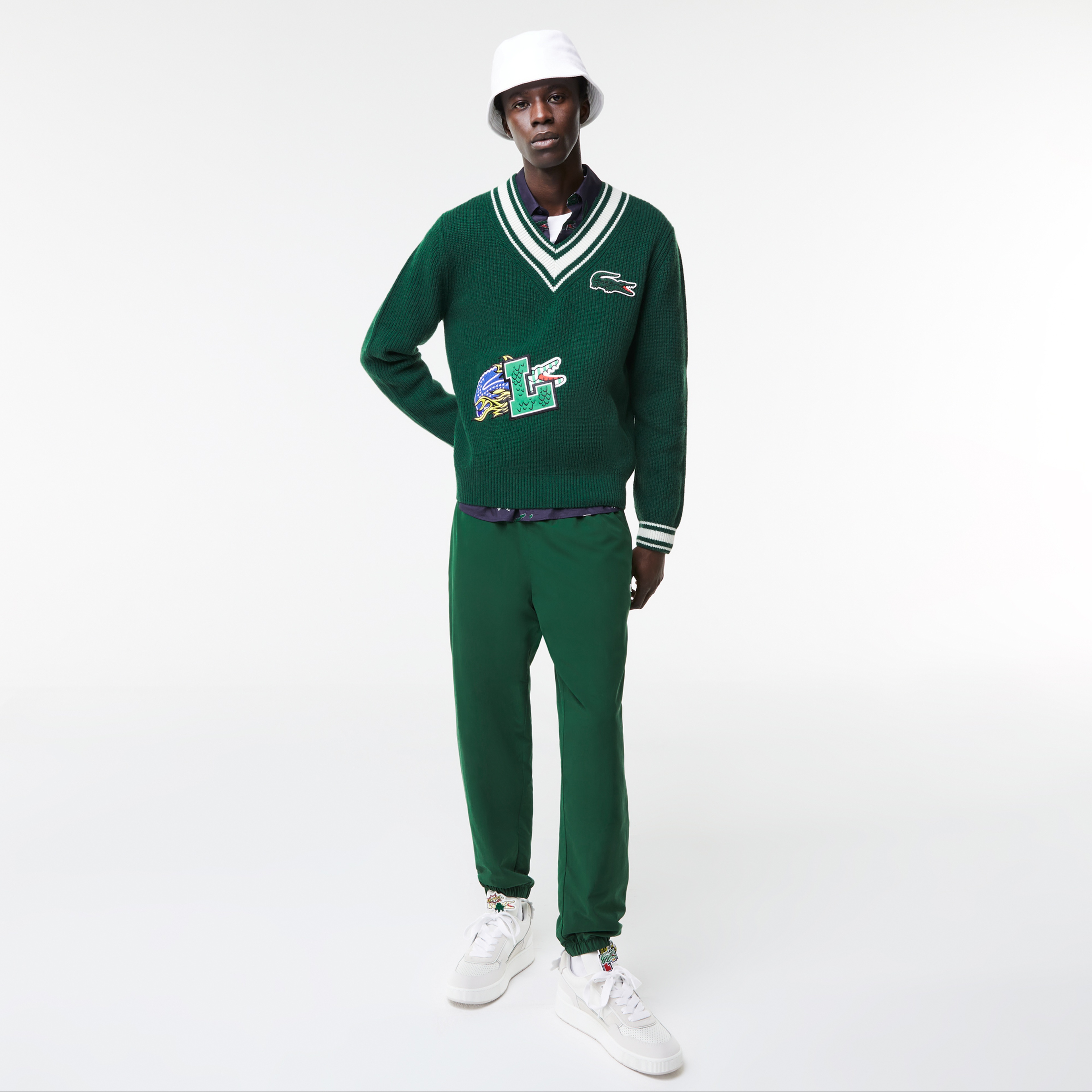 Lacoste Erkek V Yaka Baskılı Yün Lacivert Kazak