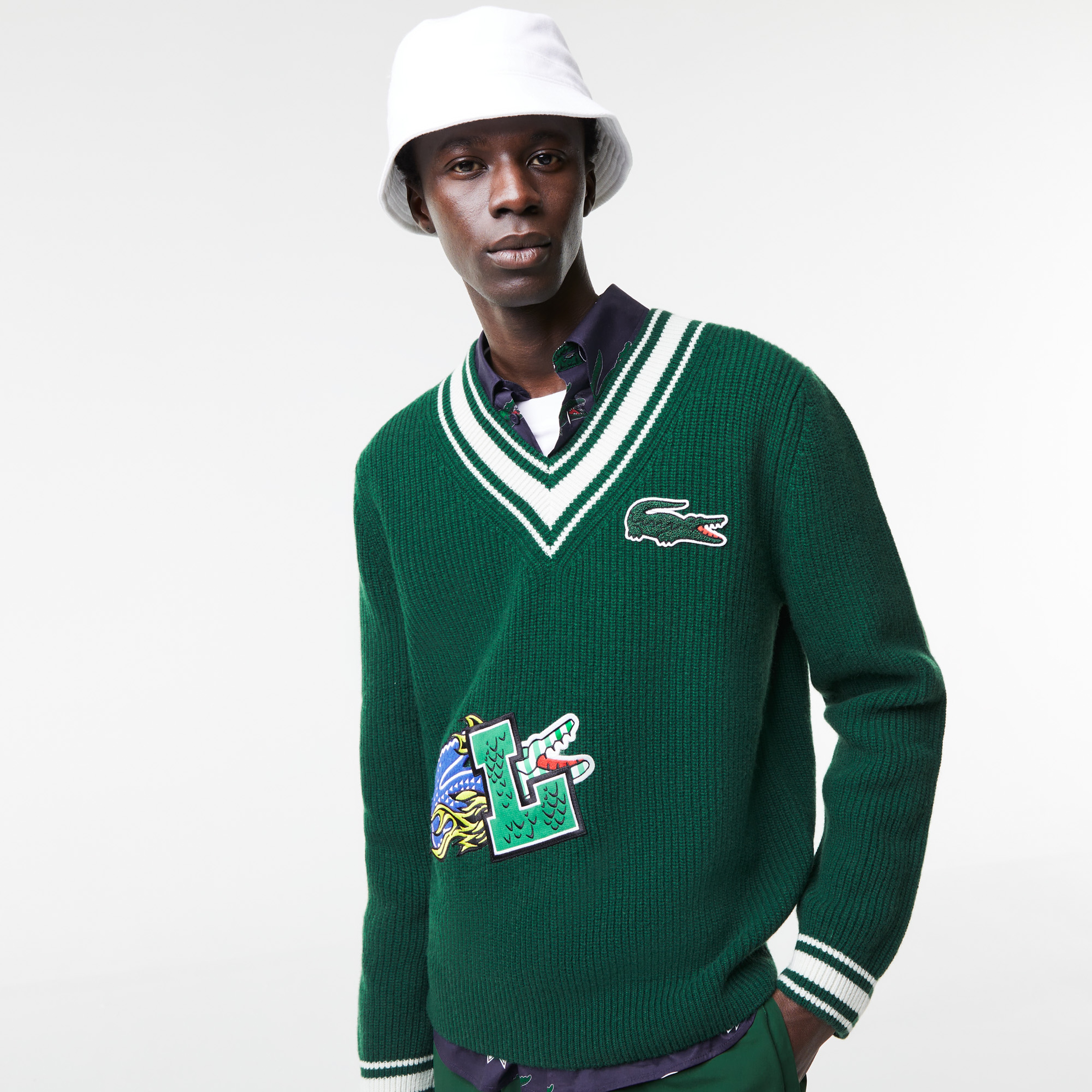 Lacoste Erkek V Yaka Baskılı Yün Lacivert Kazak
