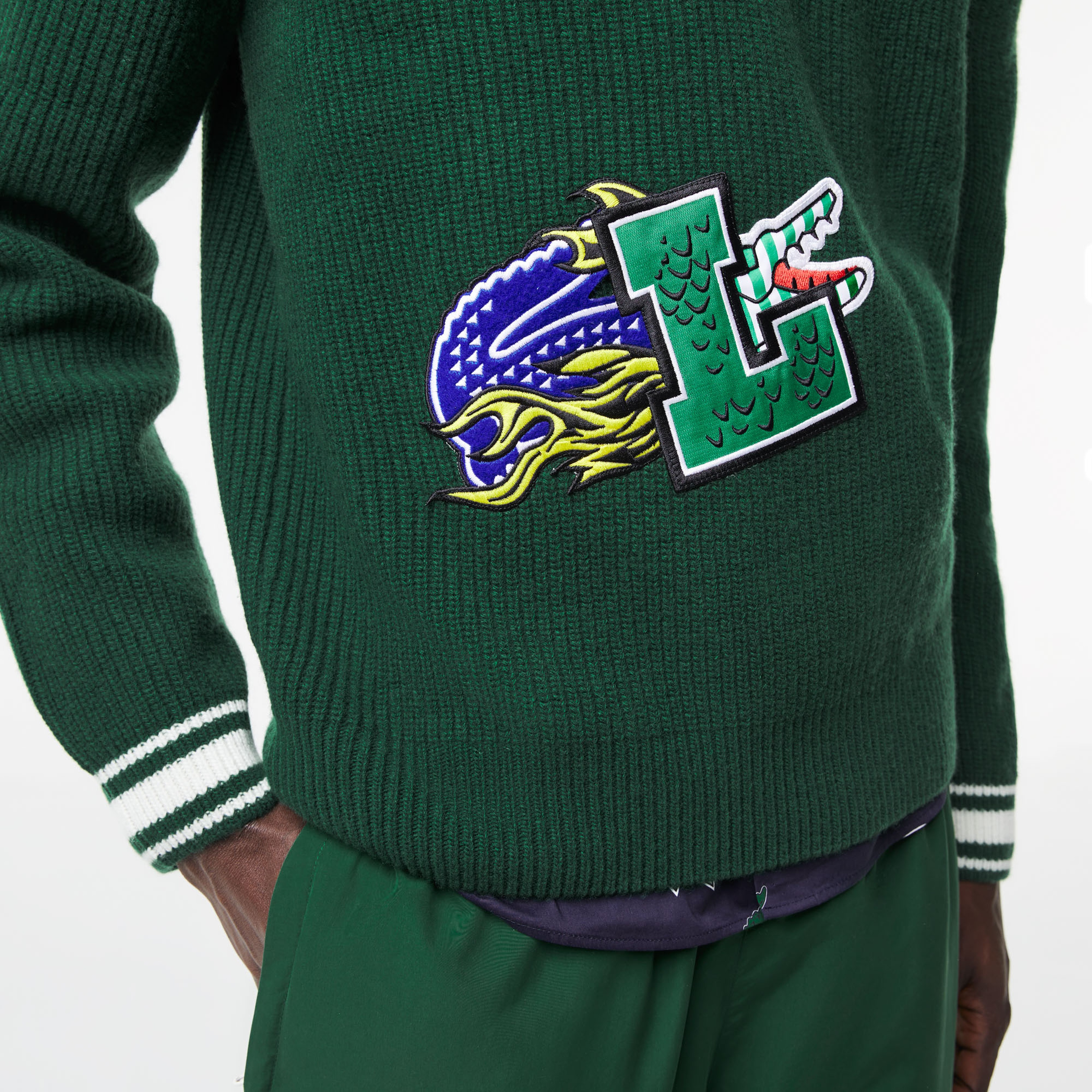 Lacoste Erkek V Yaka Baskılı Yün Lacivert Kazak