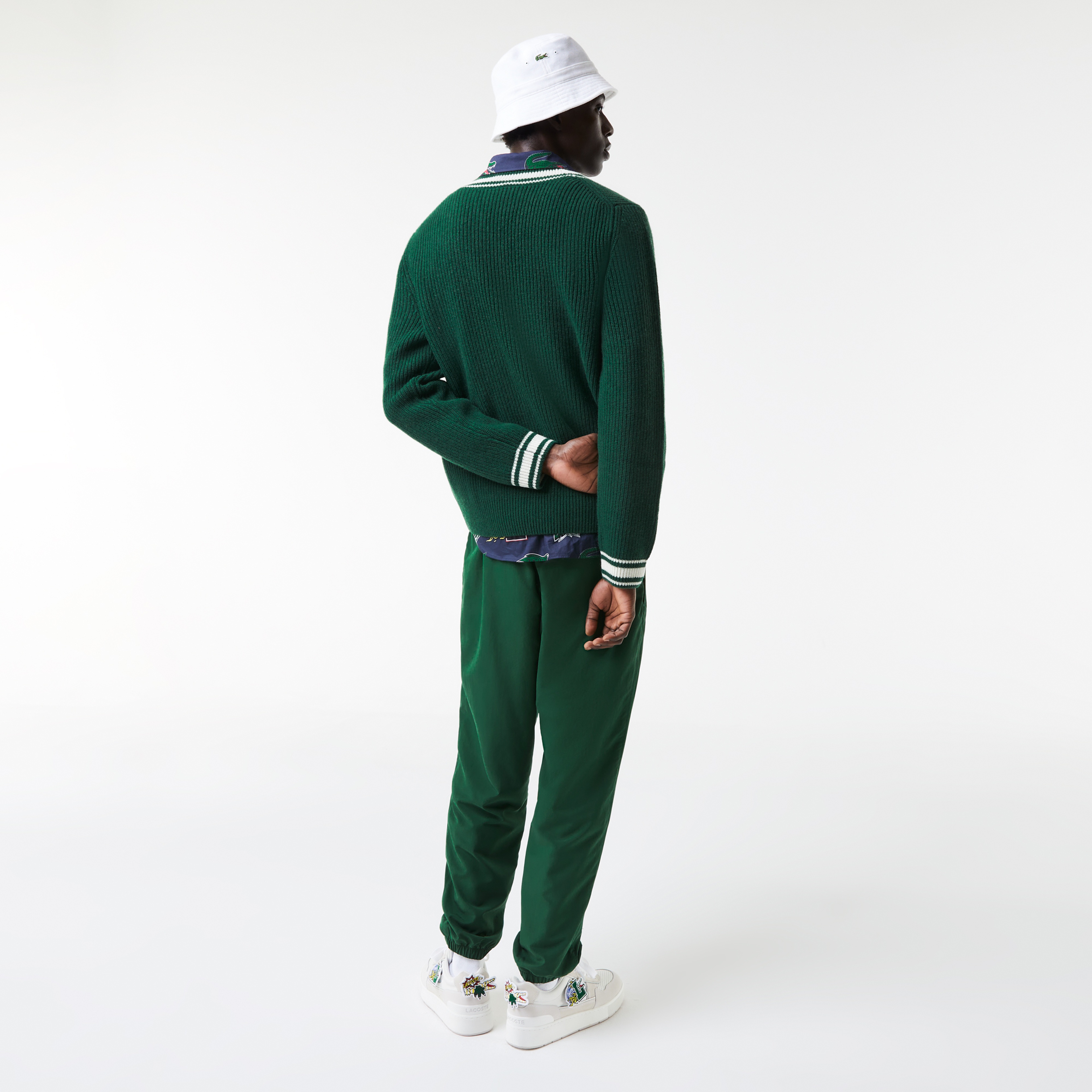 Lacoste Erkek V Yaka Baskılı Yün Lacivert Kazak