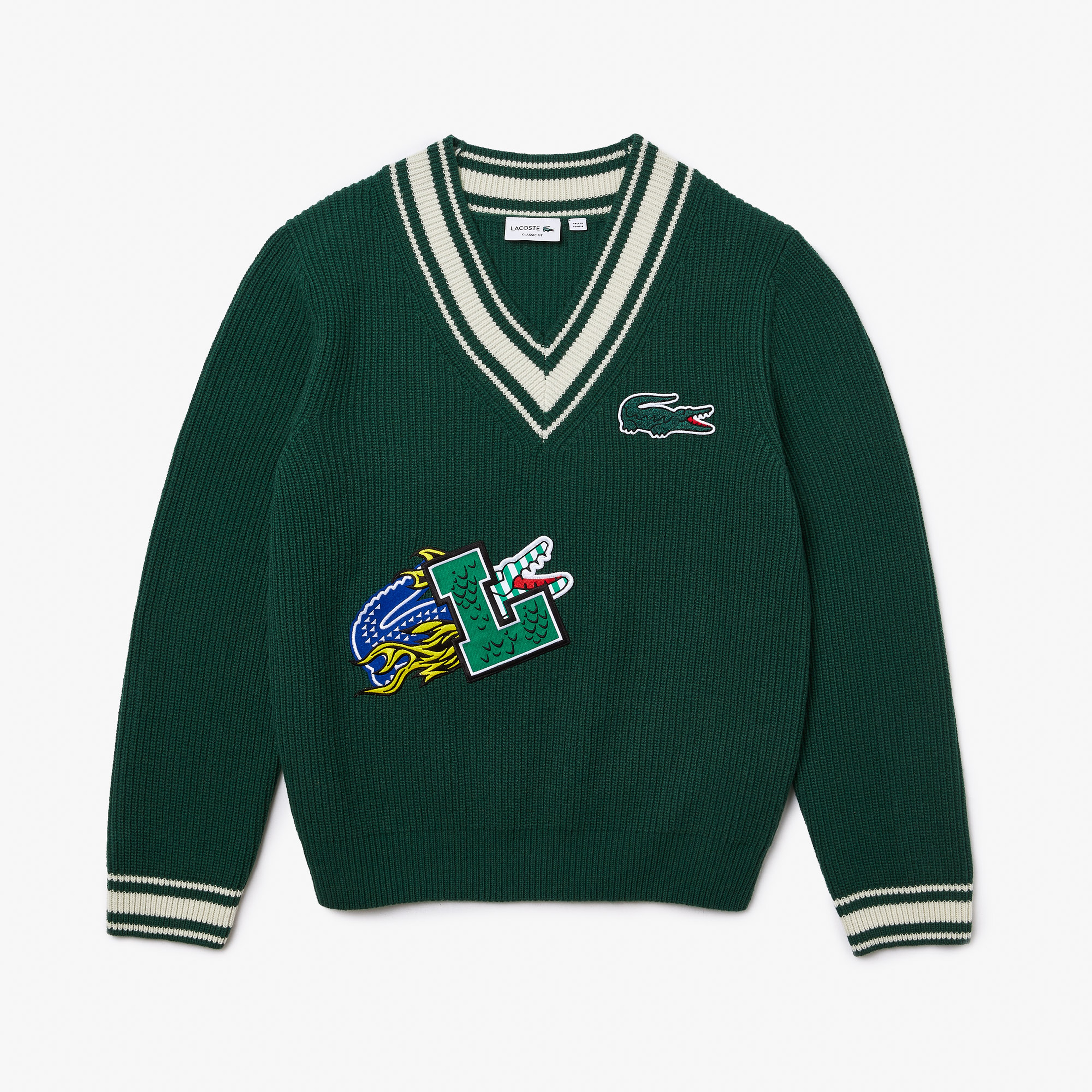 Lacoste Erkek V Yaka Baskılı Yün Lacivert Kazak