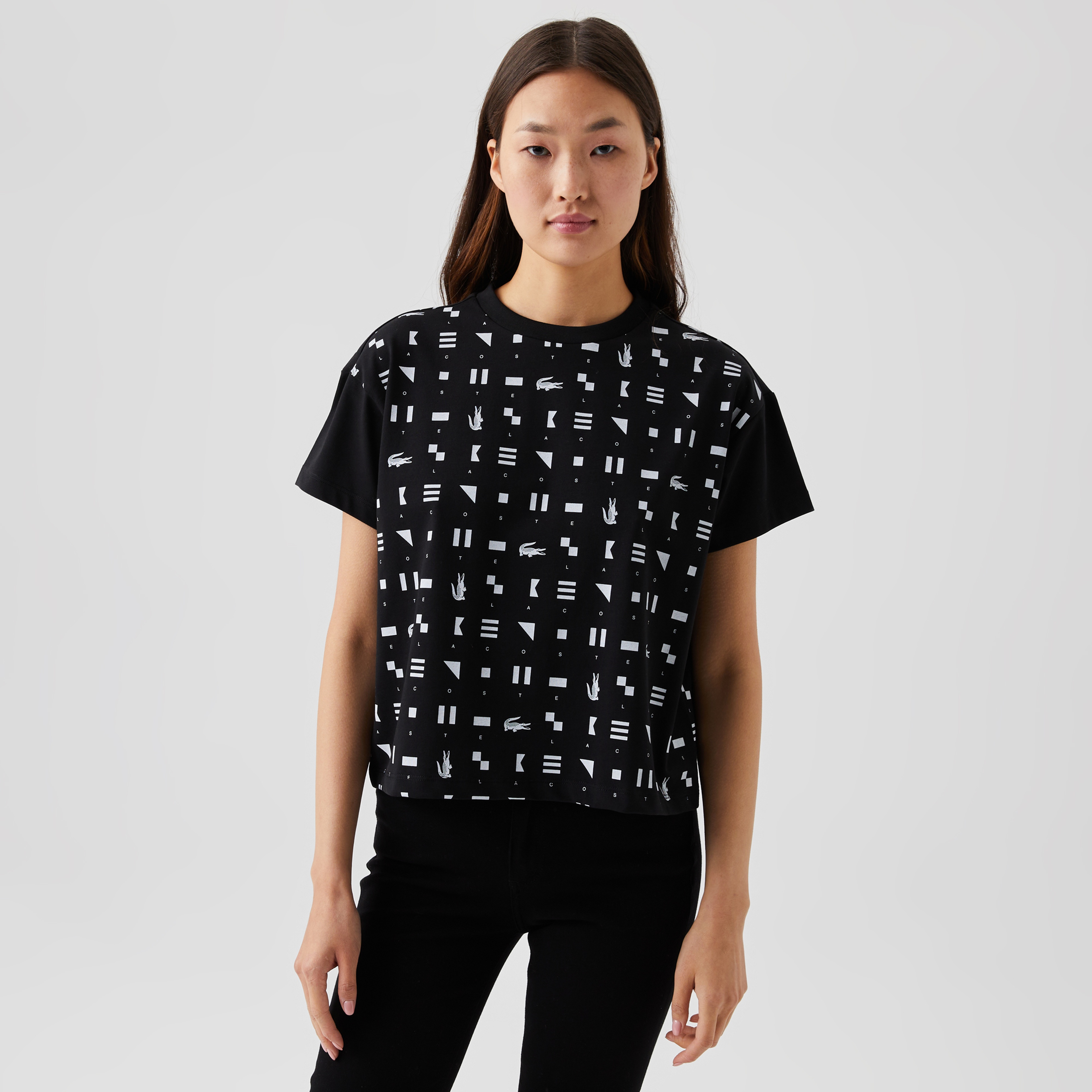 Lacoste SPORT Kadın Relaxed Fit Bisiklet Yaka Desenli Organik Pamuk Siyah T-Shirt