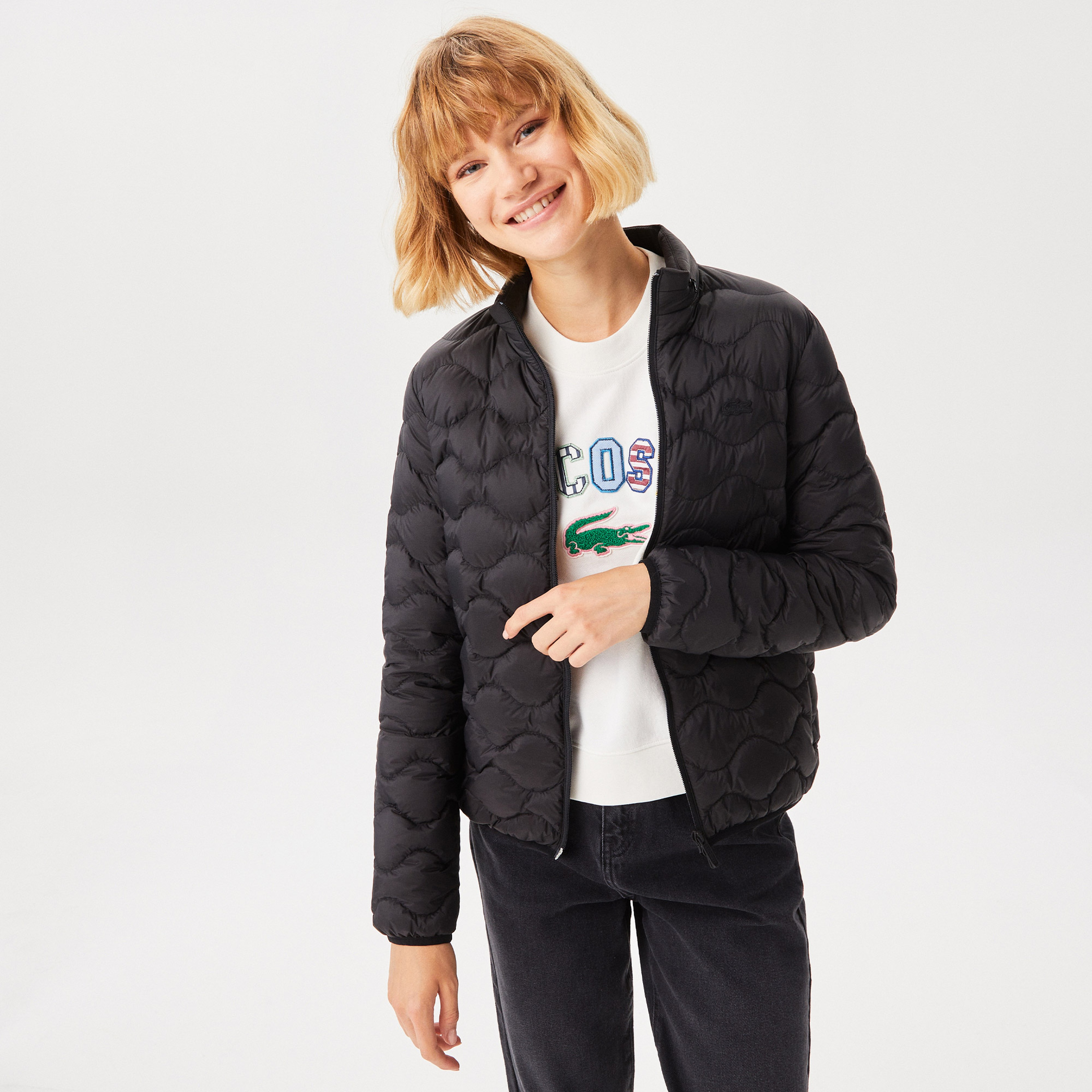 Lacoste Kadın Dik Yaka Kapitone Siyah Mont