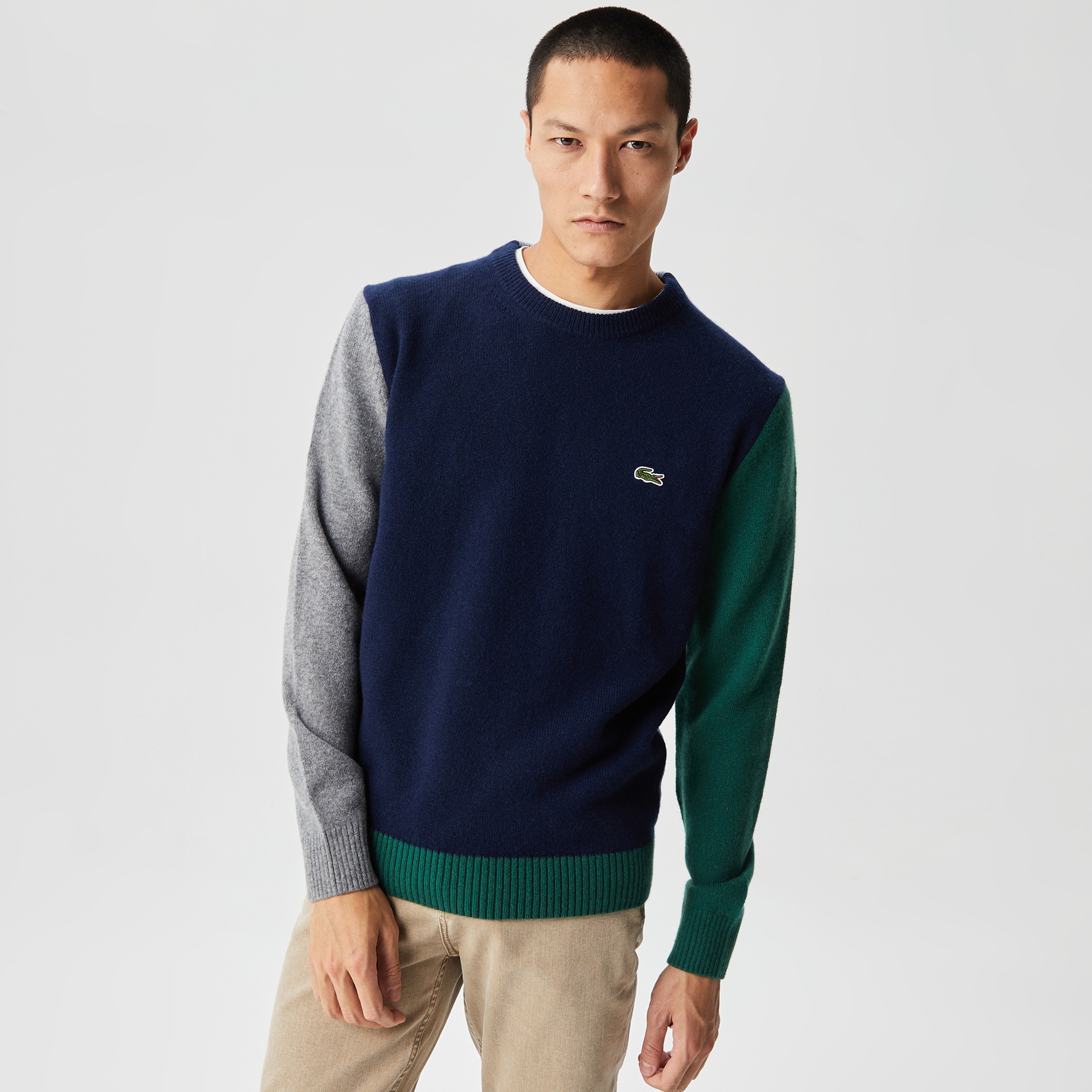 Lacoste Erkek Bisiklet Yaka Renk Bloklu Yün Lacivert Kazak