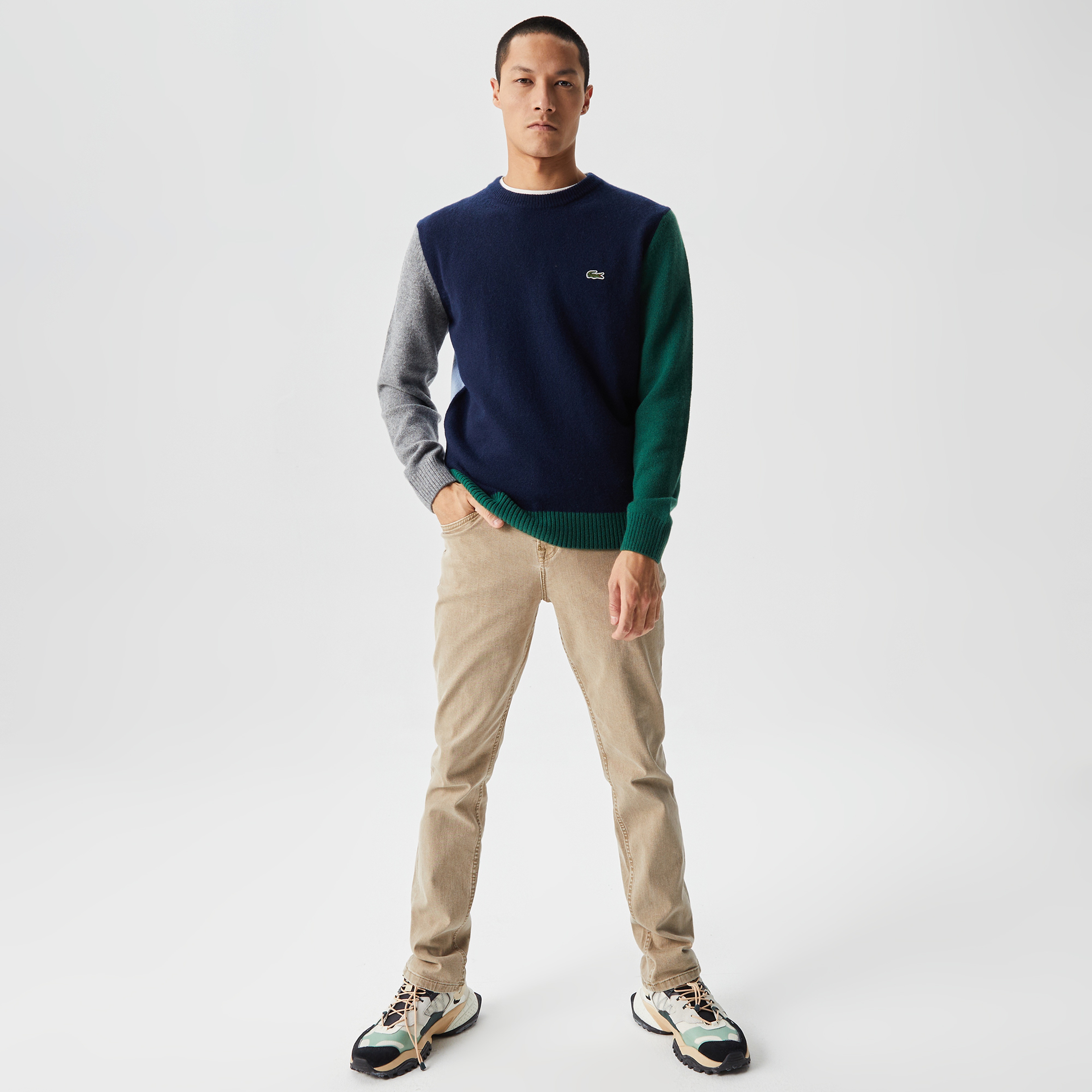 Lacoste Erkek Bisiklet Yaka Renk Bloklu Yün Lacivert Kazak