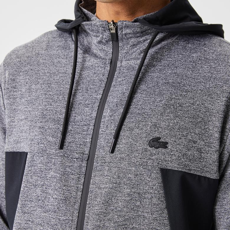 Erkek Slim Fit Kapüşonlu Desenli Gri Sweatshirt