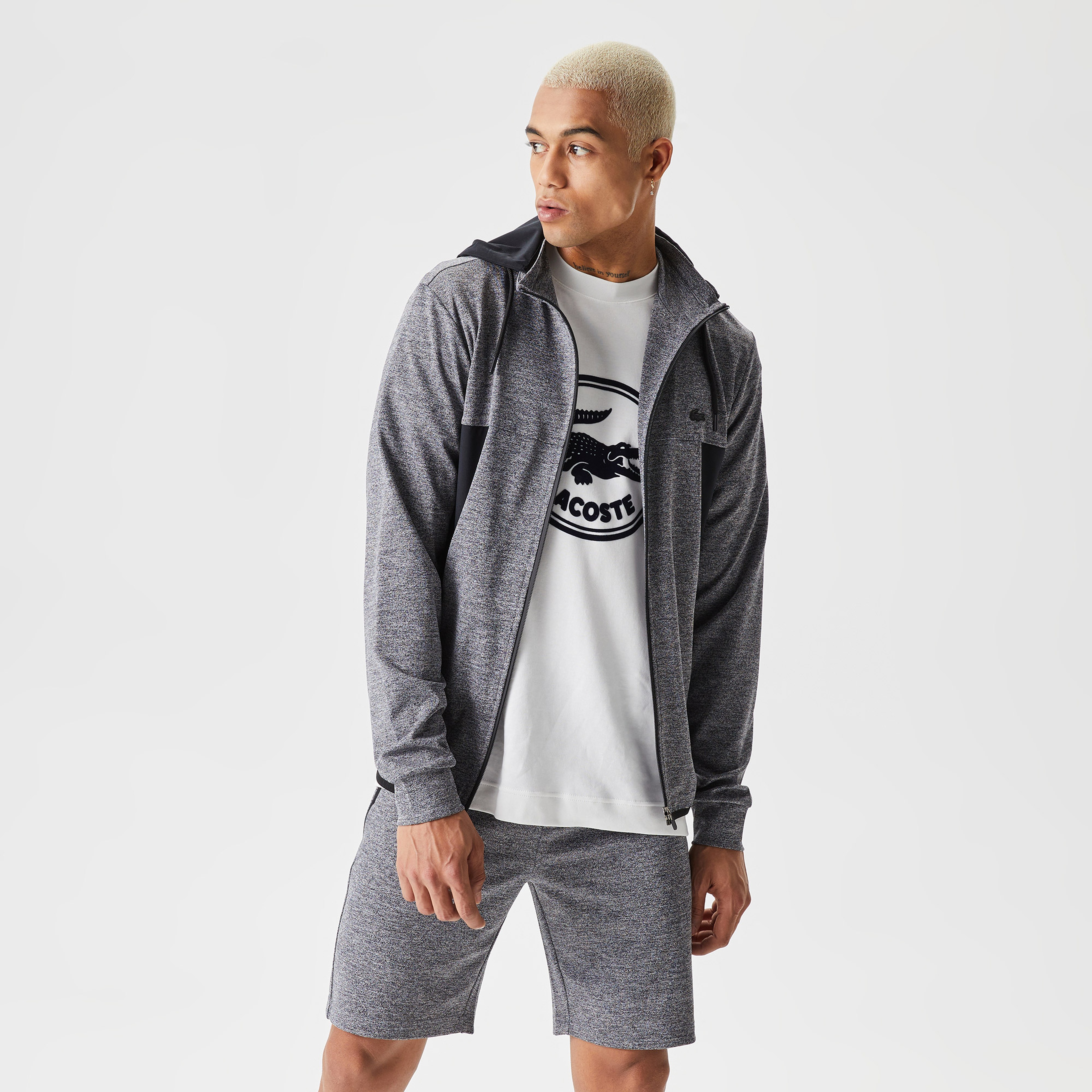 Erkek Slim Fit Kapüşonlu Desenli Gri Sweatshirt