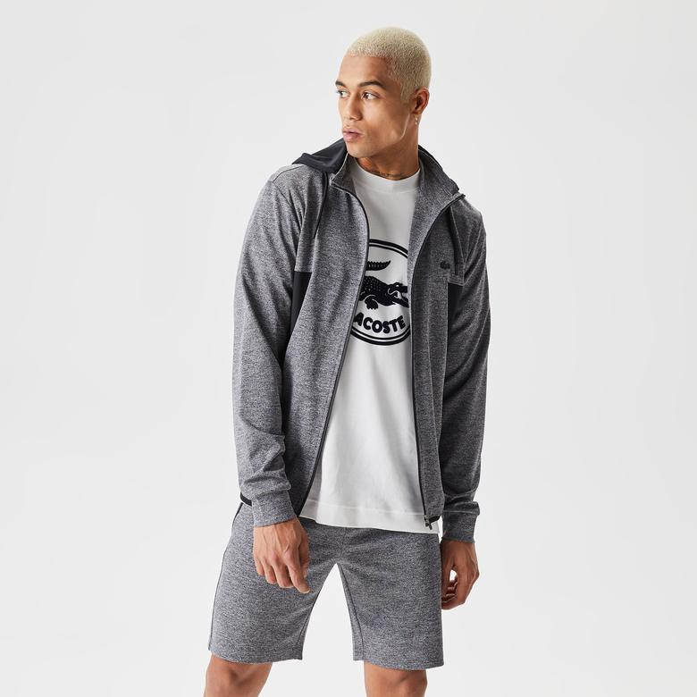 Erkek Slim Fit Kapüşonlu Desenli Gri Sweatshirt