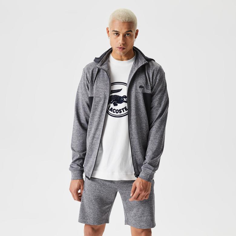 Erkek Slim Fit Kapüşonlu Desenli Gri Sweatshirt