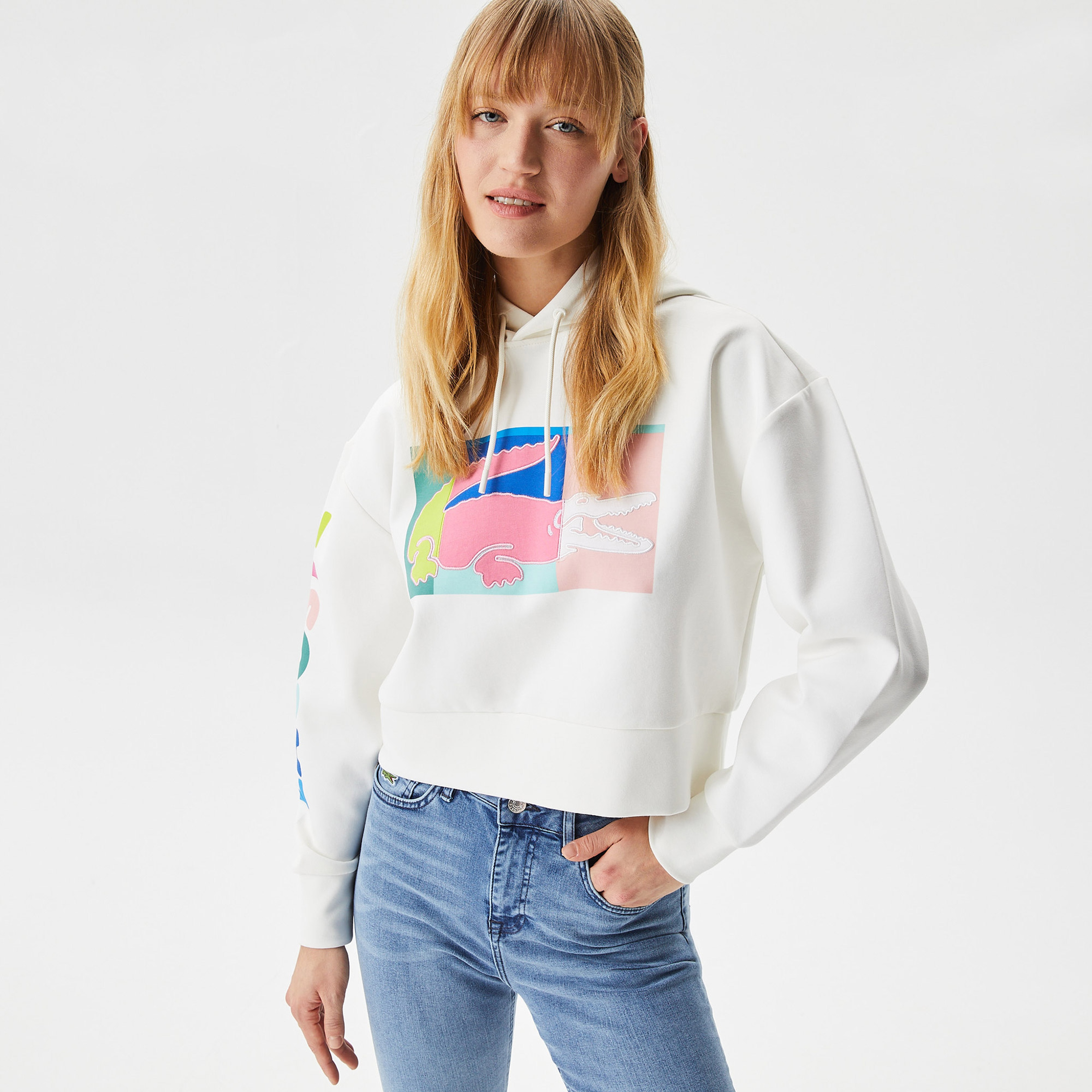 Kadın Loose Fit Kapüşonlu Baskılı Beyaz Sweatshirt