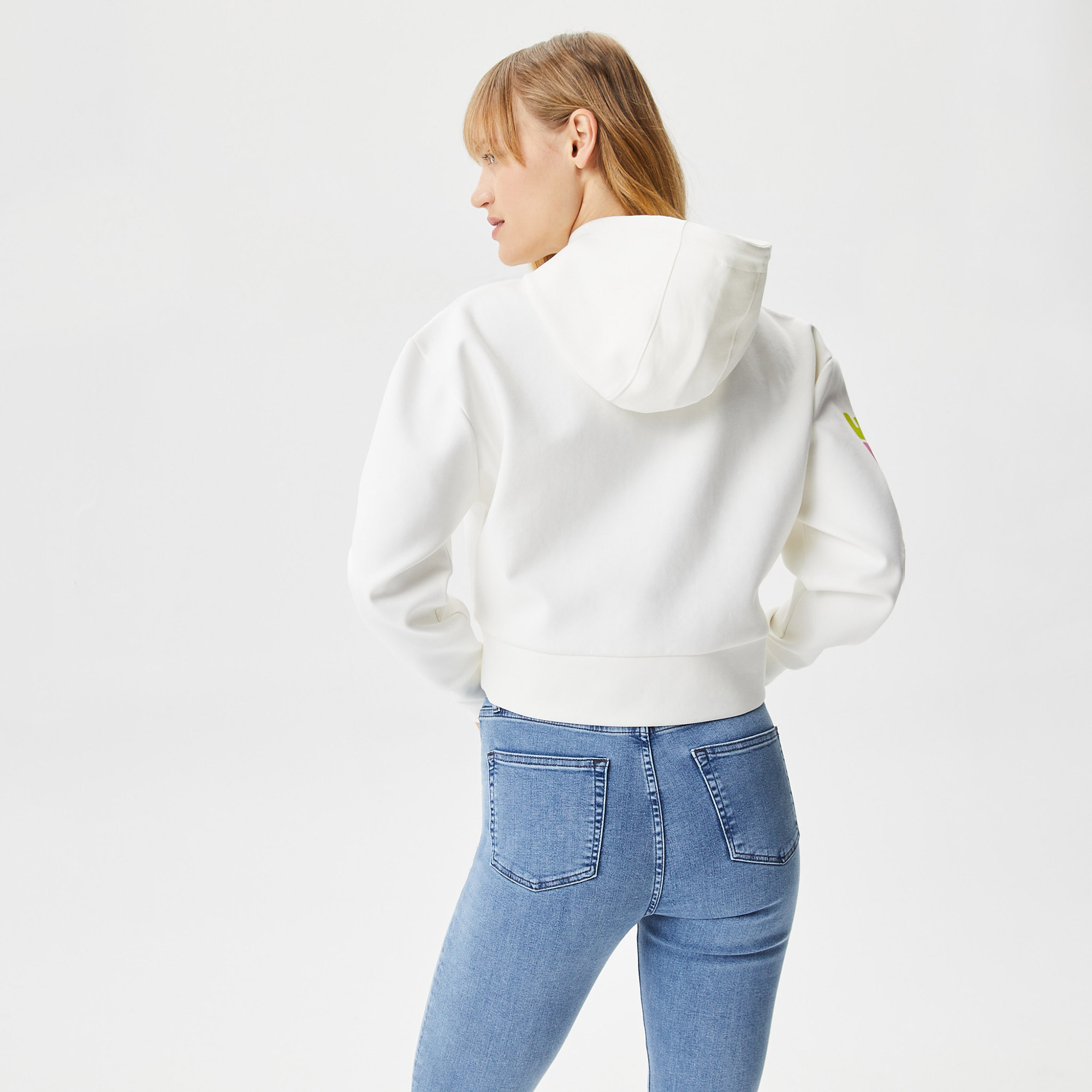 Kadın Loose Fit Kapüşonlu Baskılı Beyaz Sweatshirt
