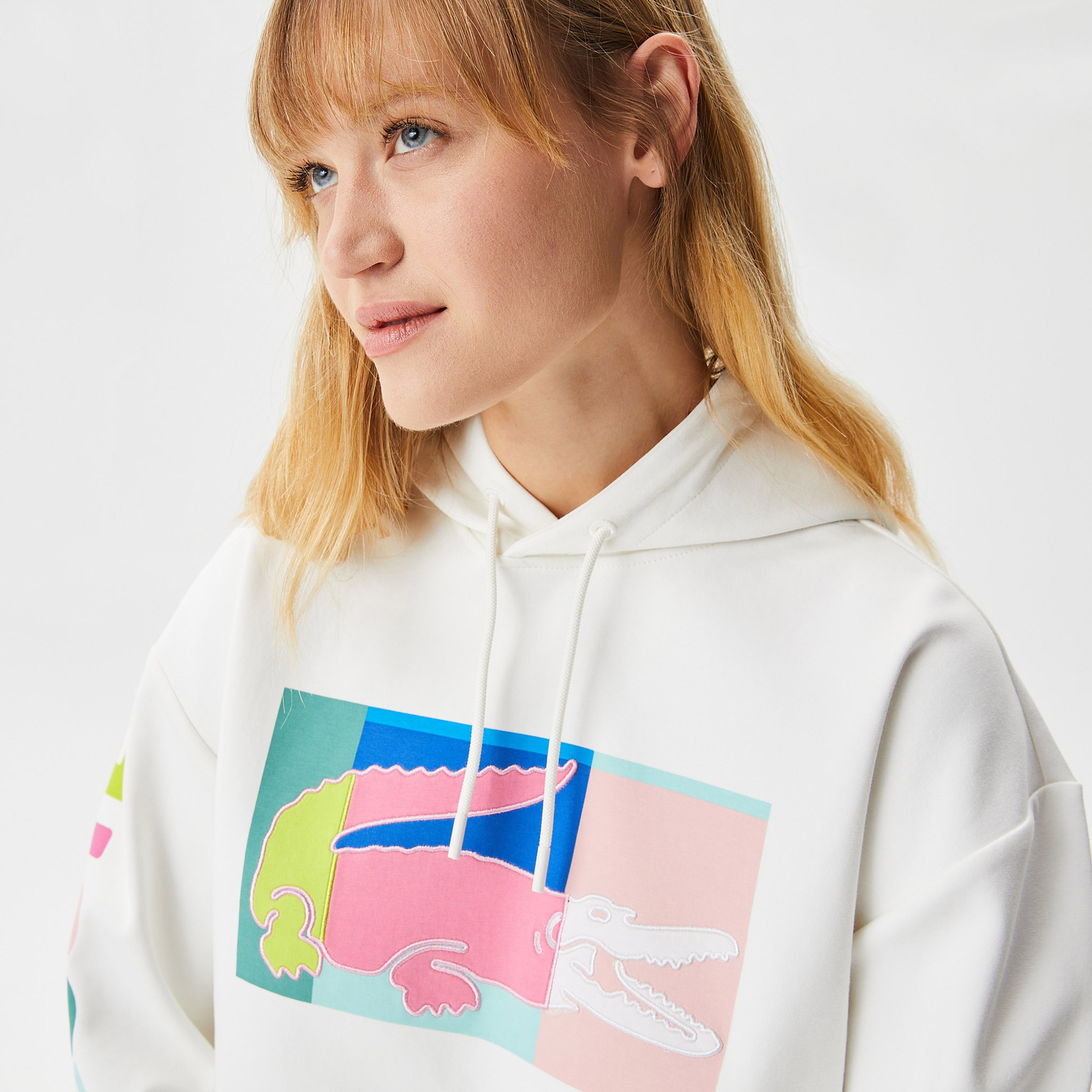 Kadın Loose Fit Kapüşonlu Baskılı Beyaz Sweatshirt