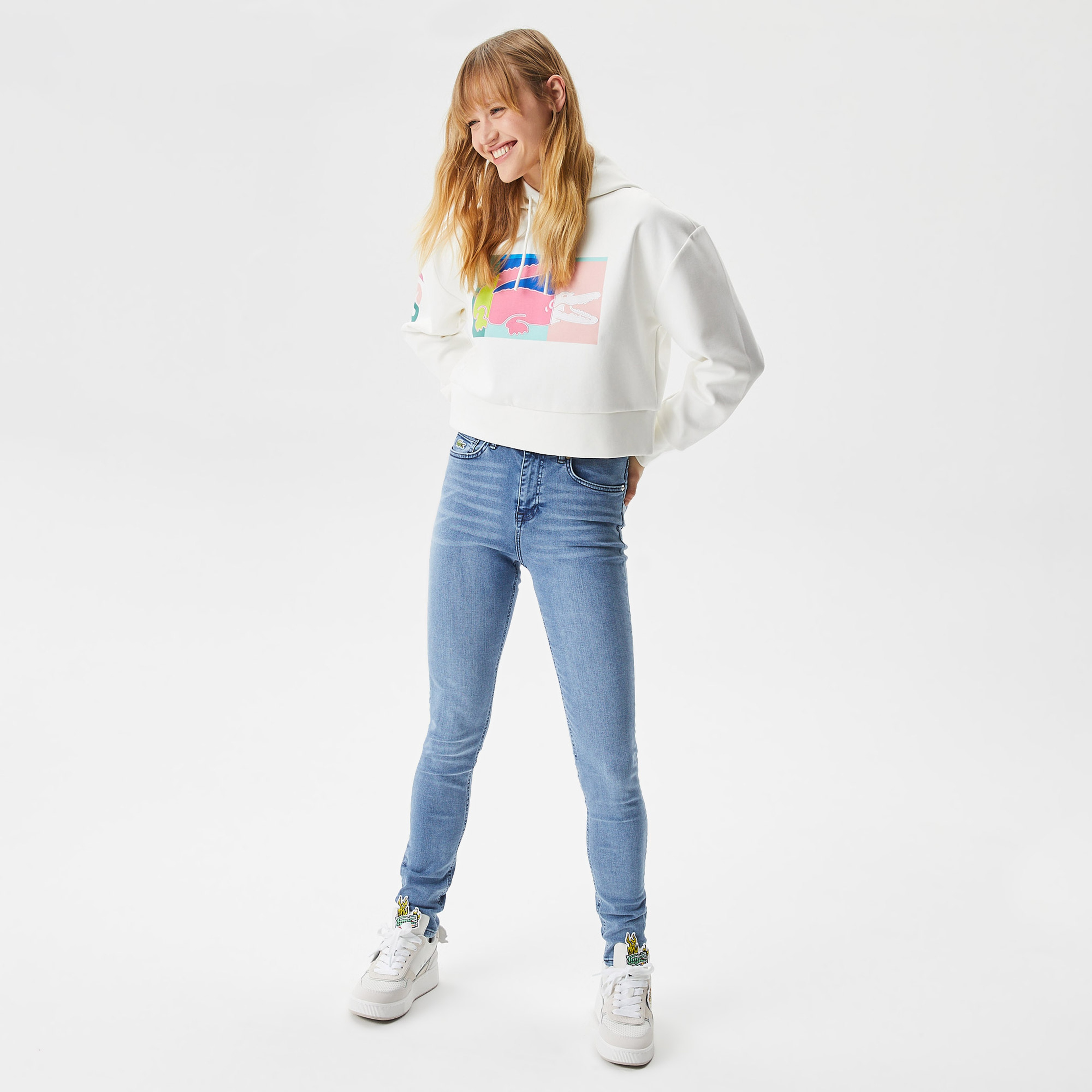 Kadın Loose Fit Kapüşonlu Baskılı Beyaz Sweatshirt
