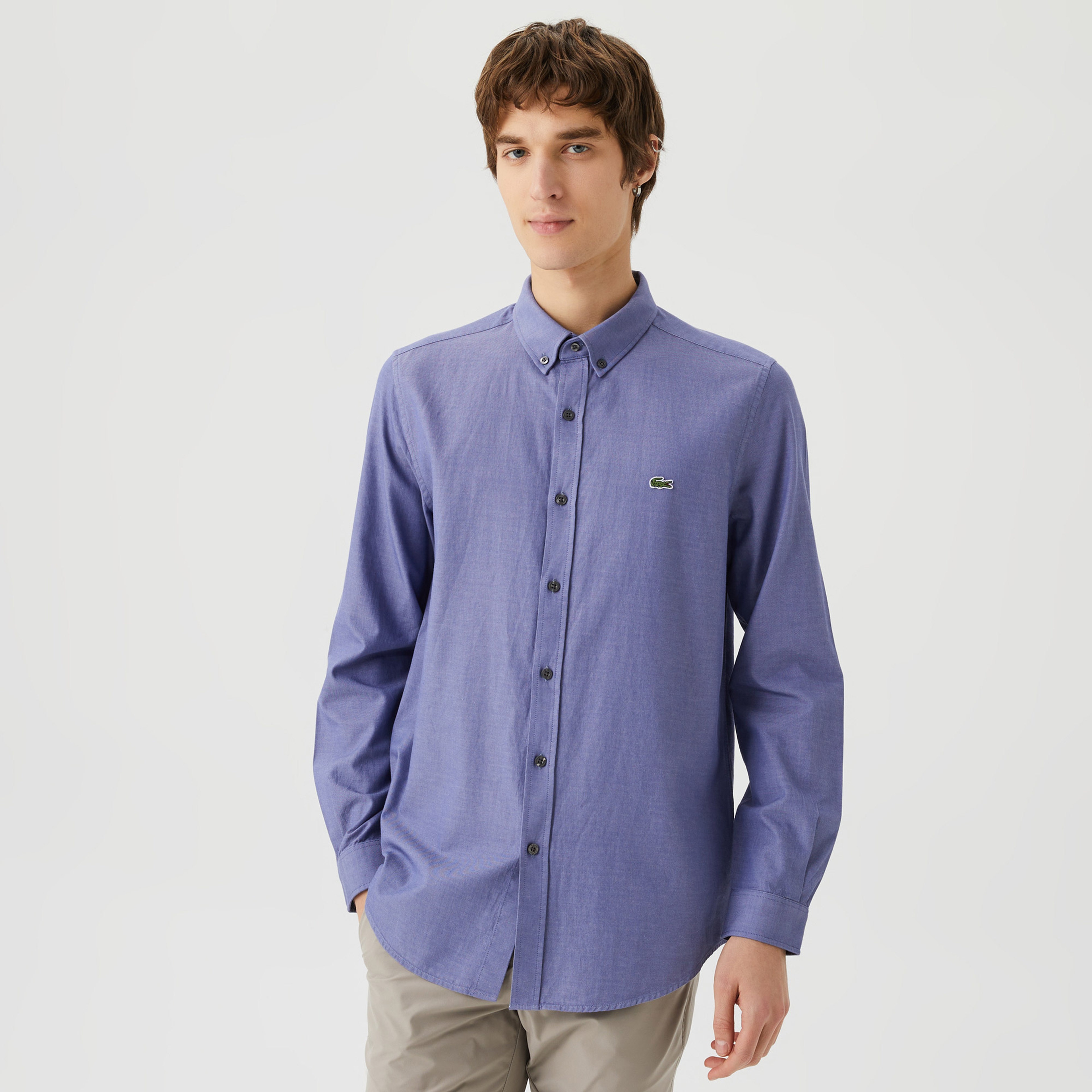 Erkek Slim Fit Düğmeli Yaka Organik Pamuk Lacivert Gömlek