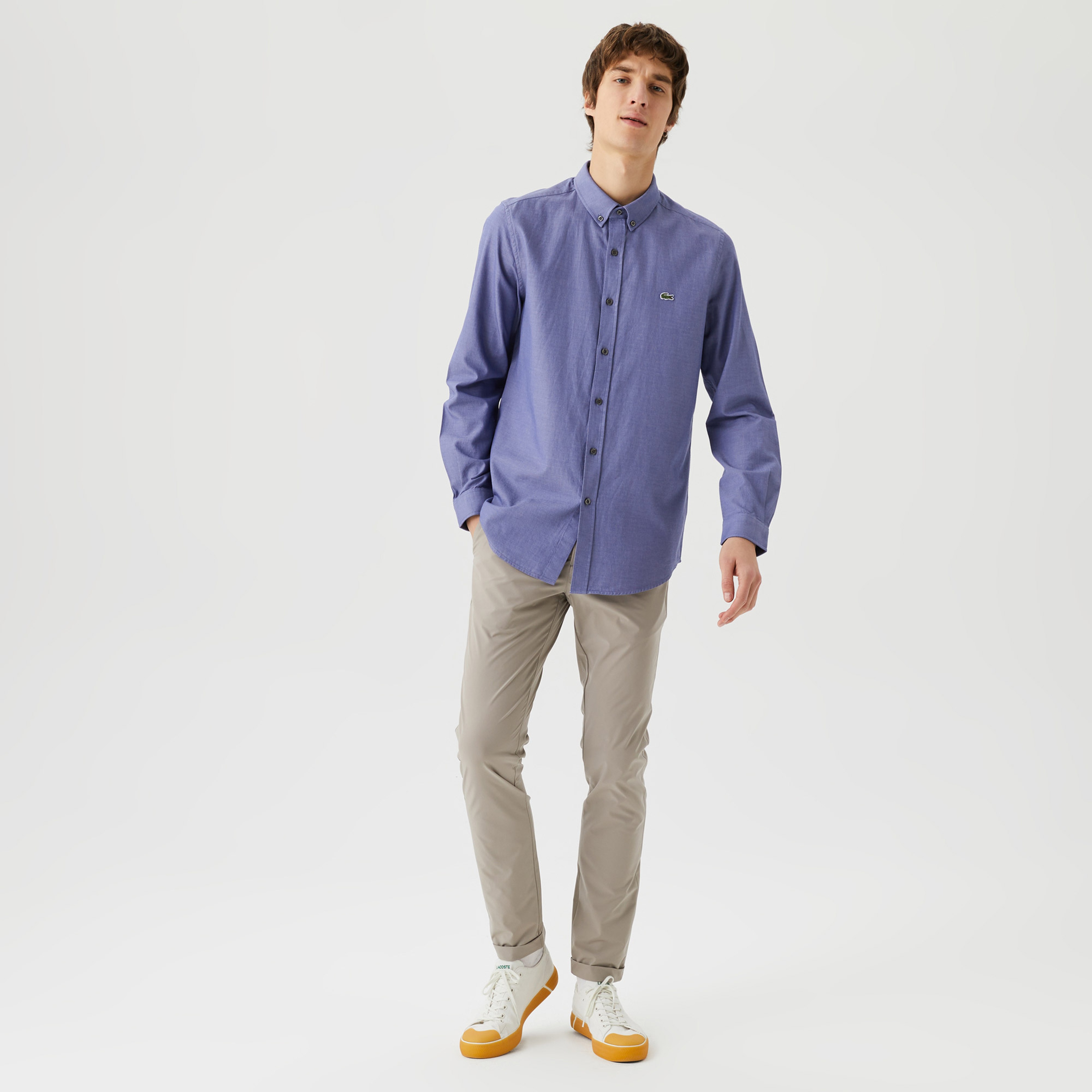 Erkek Slim Fit Düğmeli Yaka Organik Pamuk Lacivert Gömlek