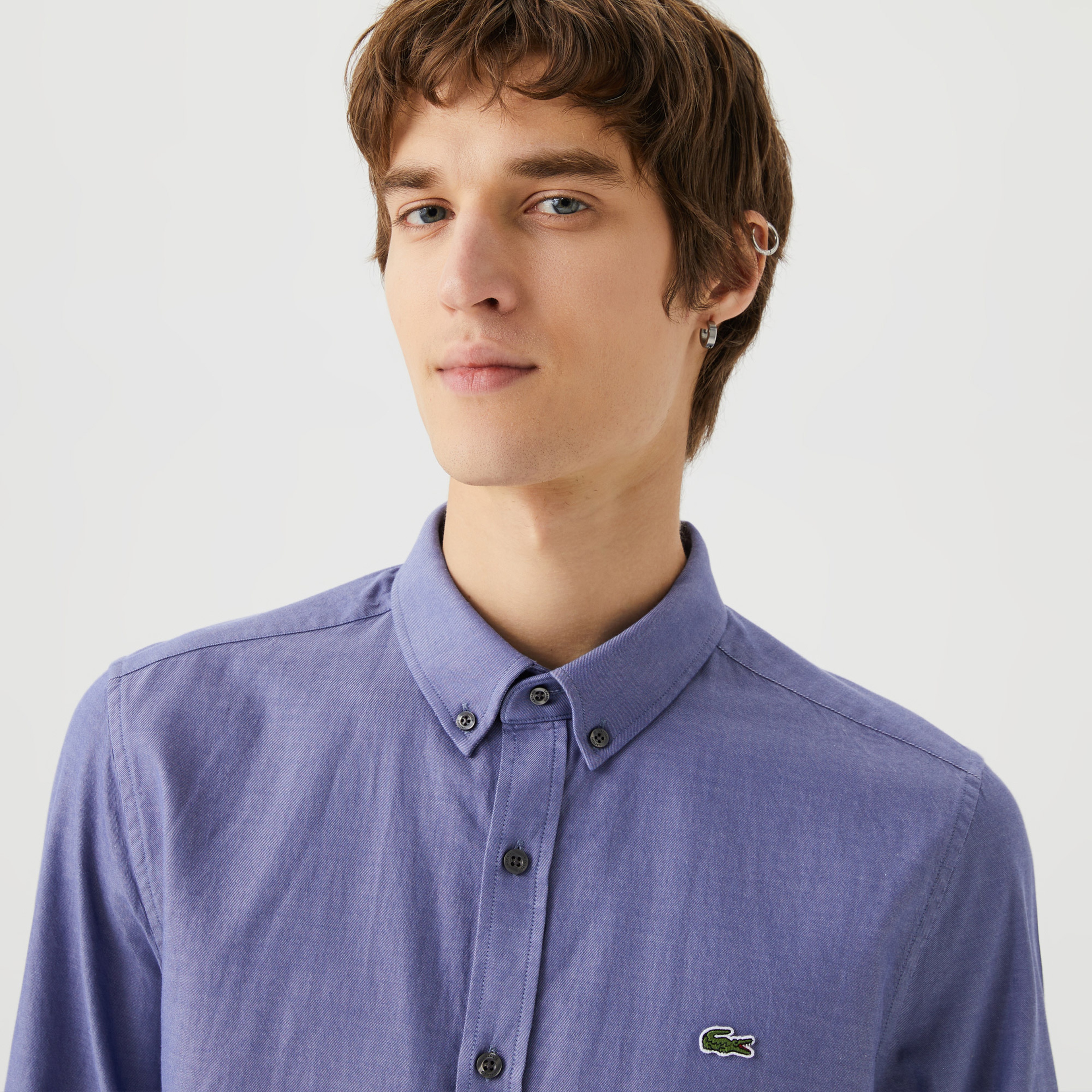 Erkek Slim Fit Düğmeli Yaka Organik Pamuk Lacivert Gömlek